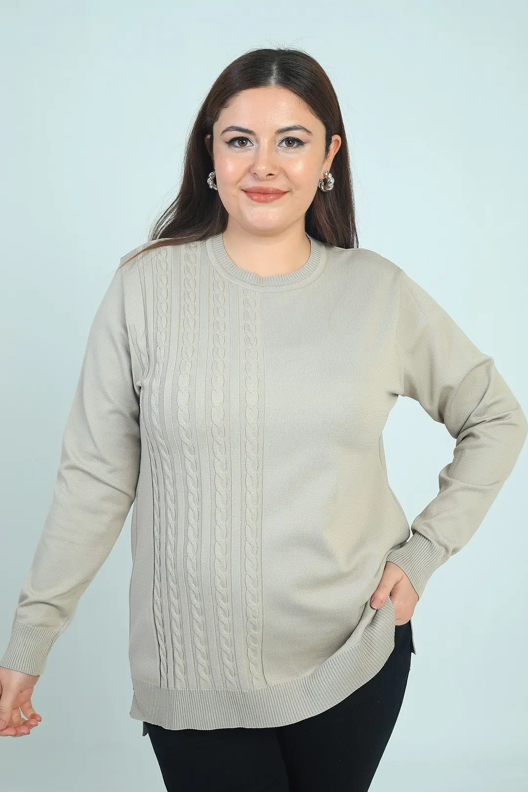 Kadın Tek Taraf Saç Örgülü Büyük Beden Likralı Tunik Bluz 2