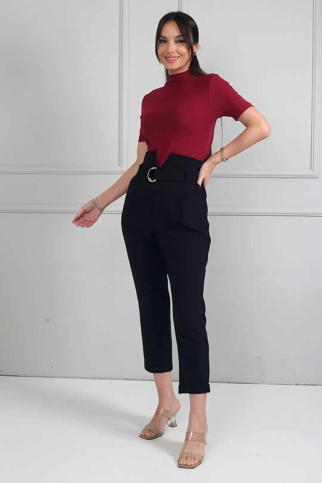 Kadın Beli Lastikli Kuşaklı Cepli Duble Paça Pileli Pantolon - Siyah