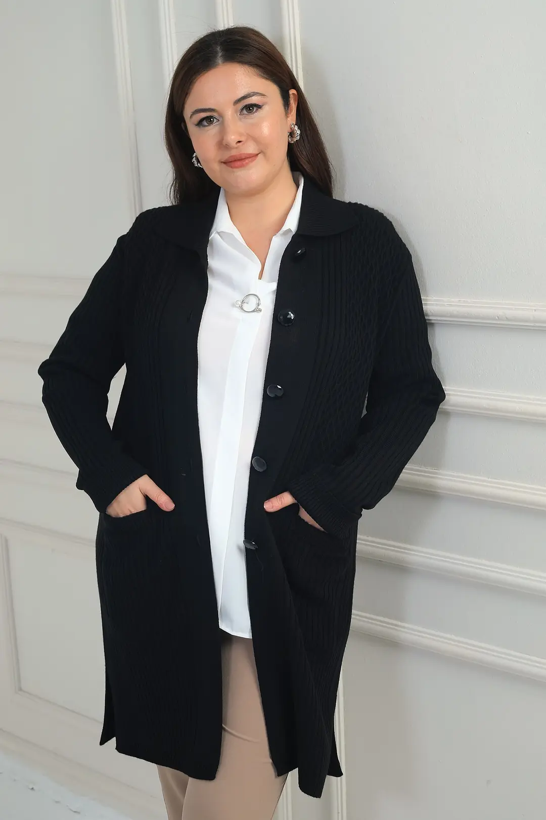 Kadın Önü Desenli Cepli Fitilli Büyük Beden Likralı Triko Hırka 3