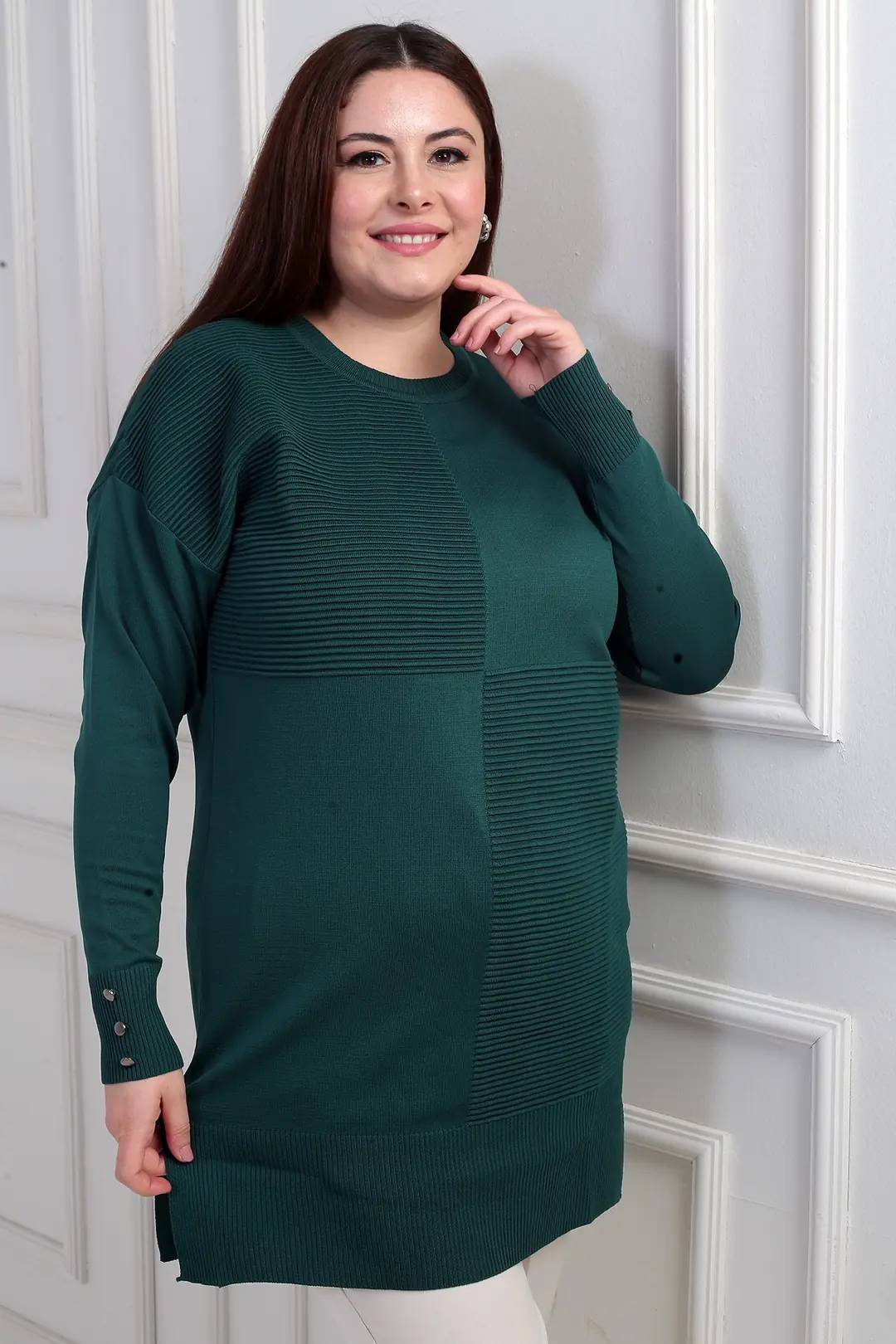 Kadın Kolları Düğme Detaylı Büyük Beden Tunik Bluz - Zümrüt