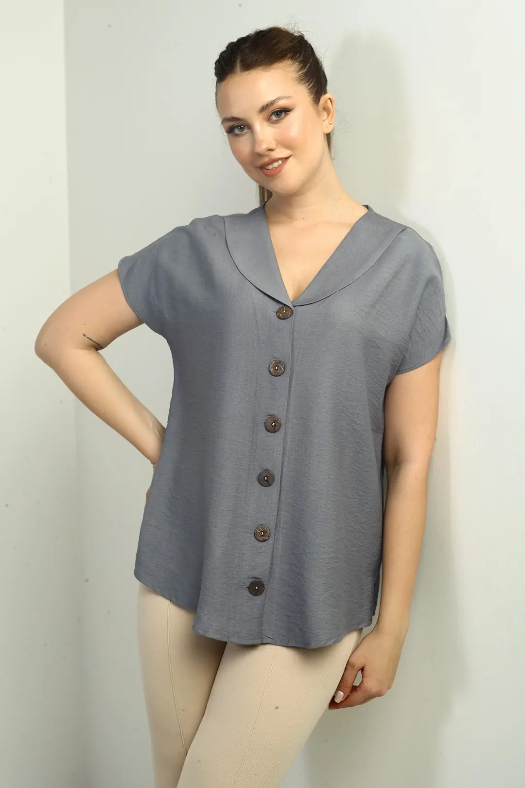 Kadın Şal Yaka Oversize Gömlek - ANTRASİT