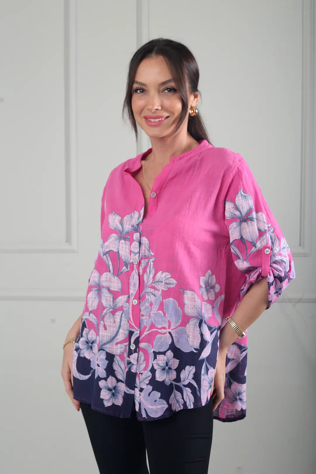 Kadın Etek Ucu Ve Kolları Çiçekli Oversize İtalyan Keten Gömlek 3