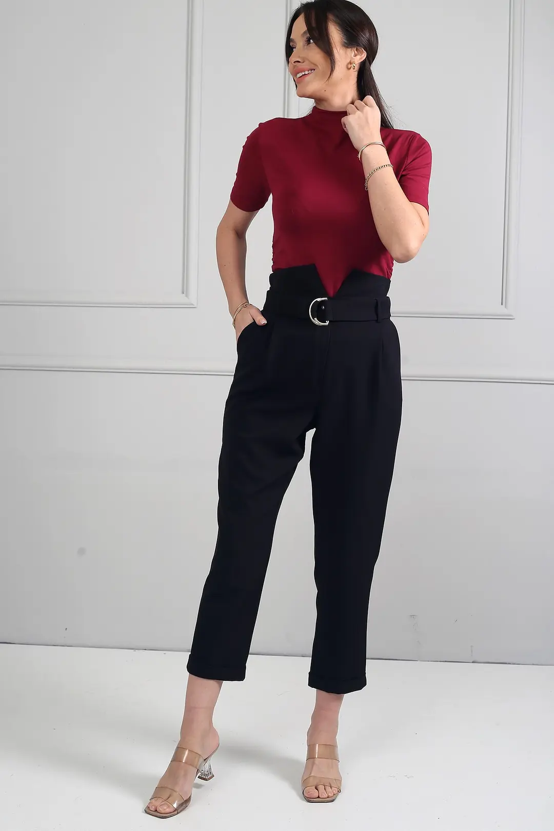 Kadın Beli Lastikli Kuşaklı Cepli Duble Paça Pileli Pantolon 2