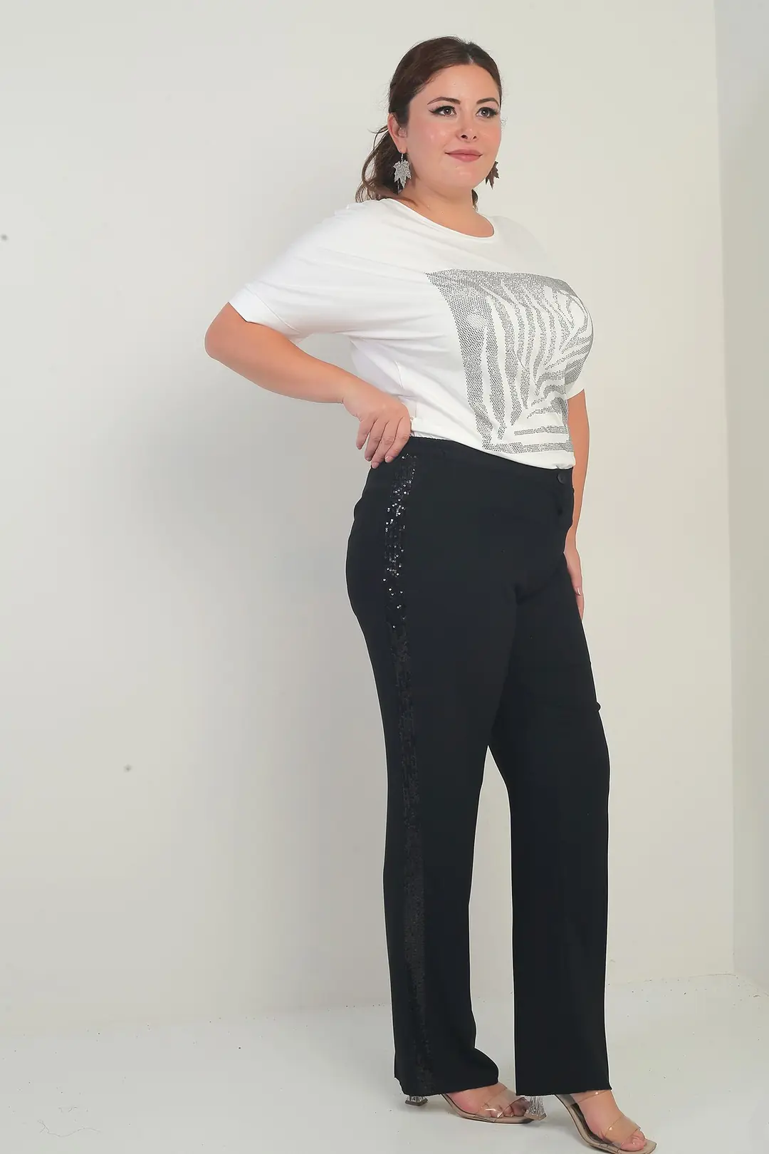 Kadın Beli Lastikli Yanları Pul Payet Şeritli B.B. Pantolon 3