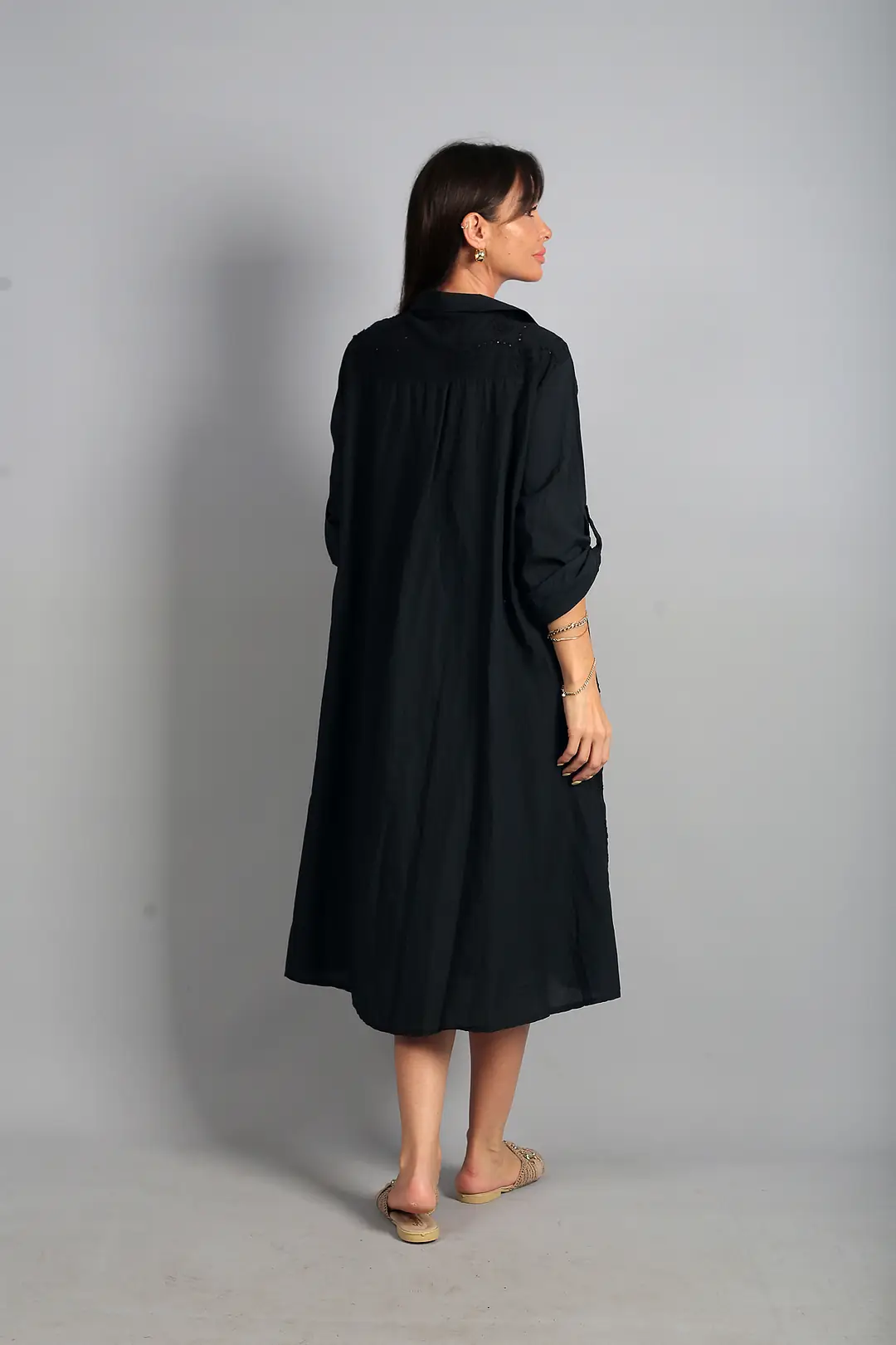 Kadın İtalyan Cotton Cepli Kabartma Çiçek Nakış İşlemeli Oversize Uzun Elbise 4