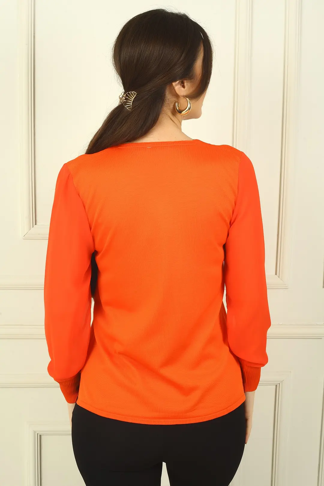 Kadın V Yaka Yarısı Şeritli Kolları Şifon Kazak 4