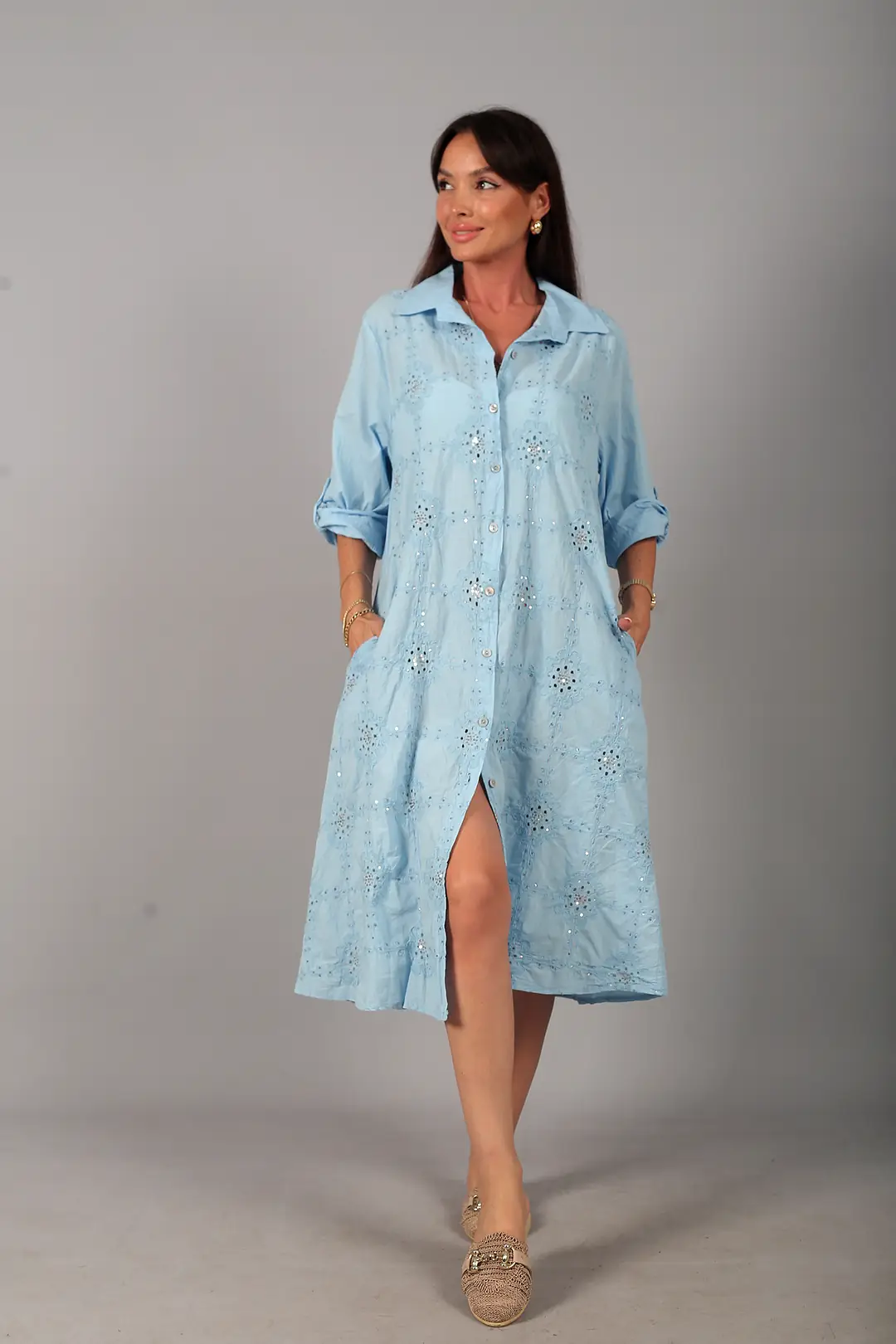 Kadın İtalyan Cotton Cepli Kabartma Nakışlı Pullu Oversize Uzun Elbise - Bebe Mavi