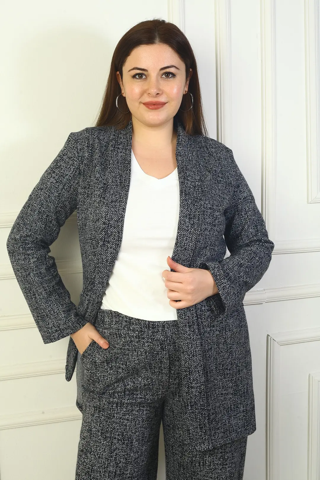 Kadın Şal Yaka Karyağdı Büyük Beden Kaşe Ceket - Koyu Gri