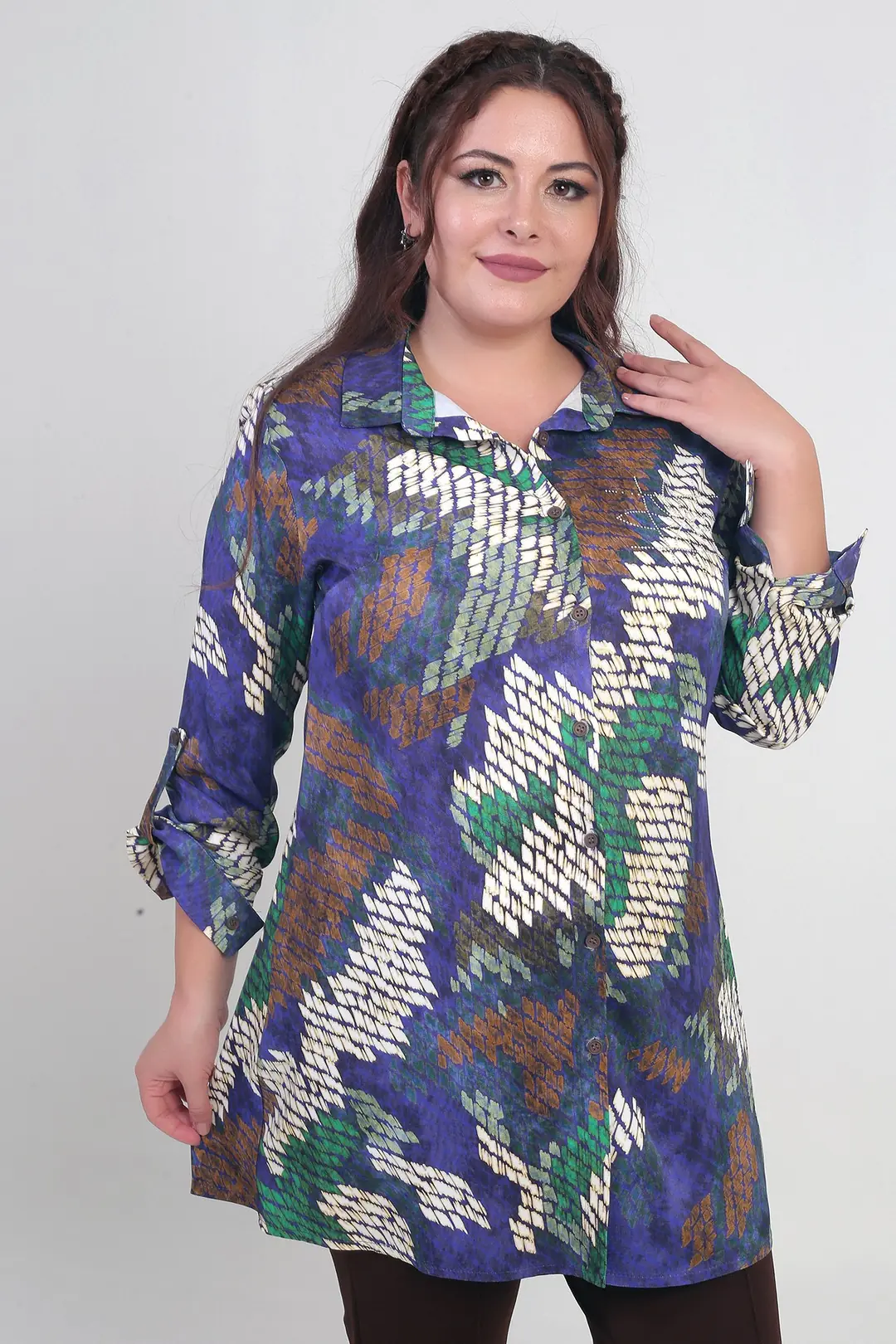 Kadın Batik Desenli Büyük Beden Krep Saten Uzun Gömlek - Lacivert