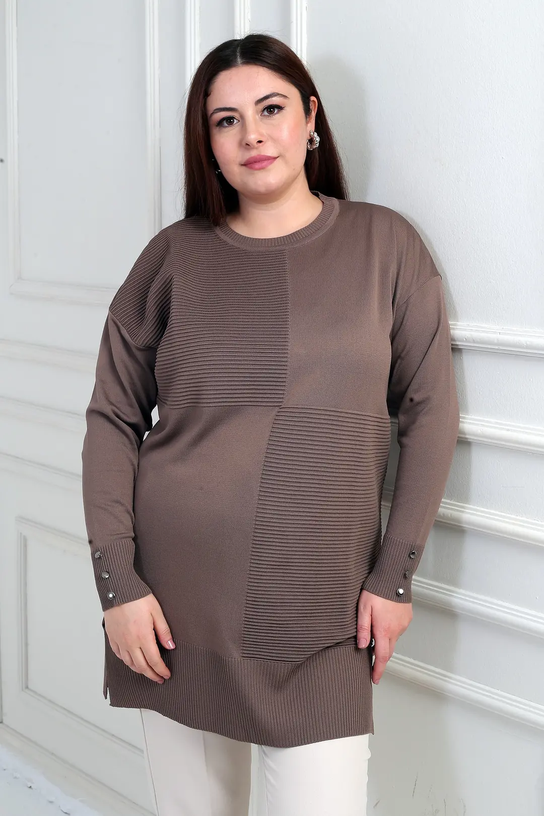 Kadın Kolları Düğme Detaylı Büyük Beden Tunik Bluz 3