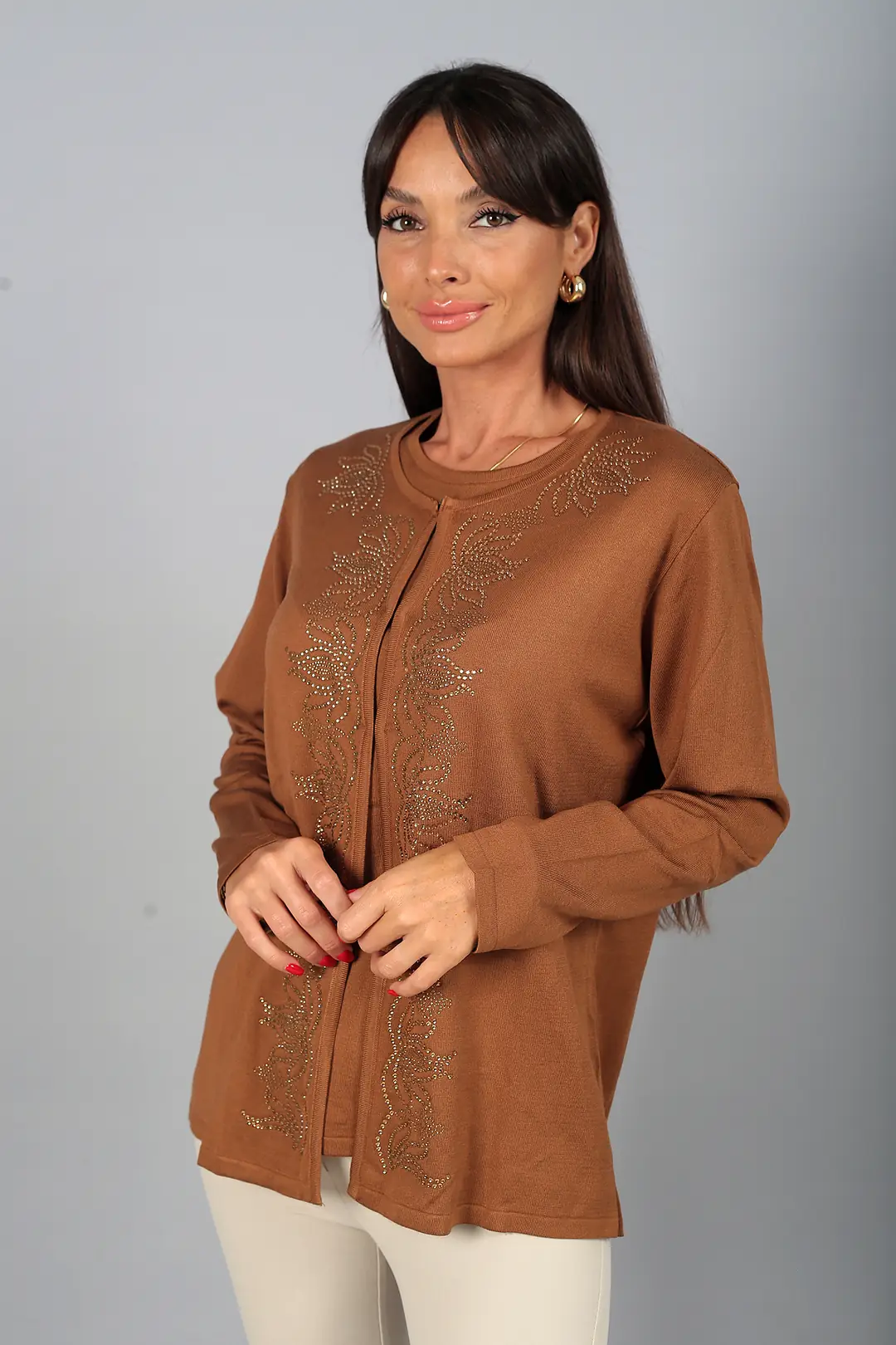 Kadın Kısa Kollu Bluz Taş İlemeli Hırka Büyük Beden 2'li Takım - Camel