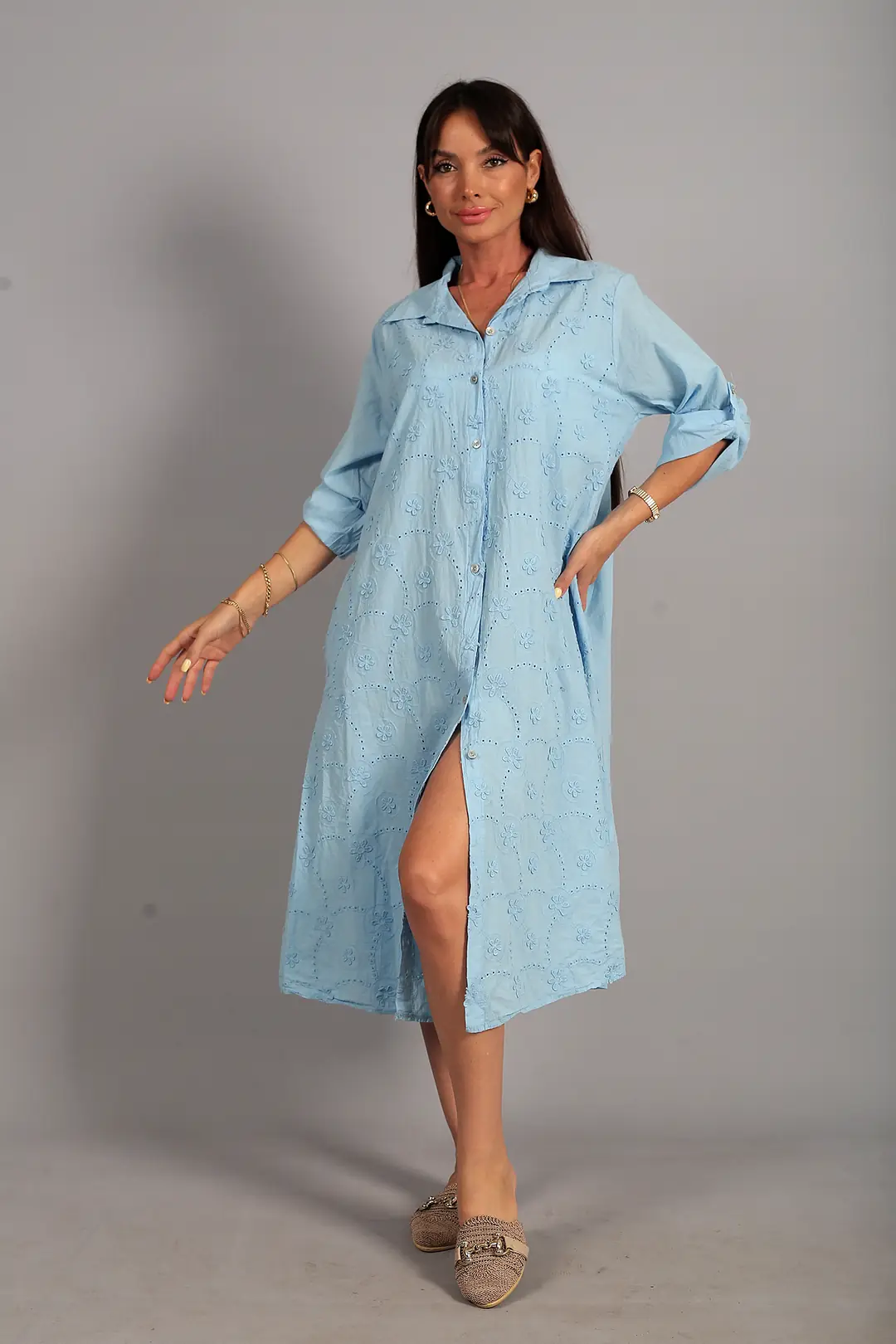 Kadın İtalyan Cotton Cepli Kabartma Çiçek Nakış İşlemeli Oversize Uzun Elbise - Bebe Mavi