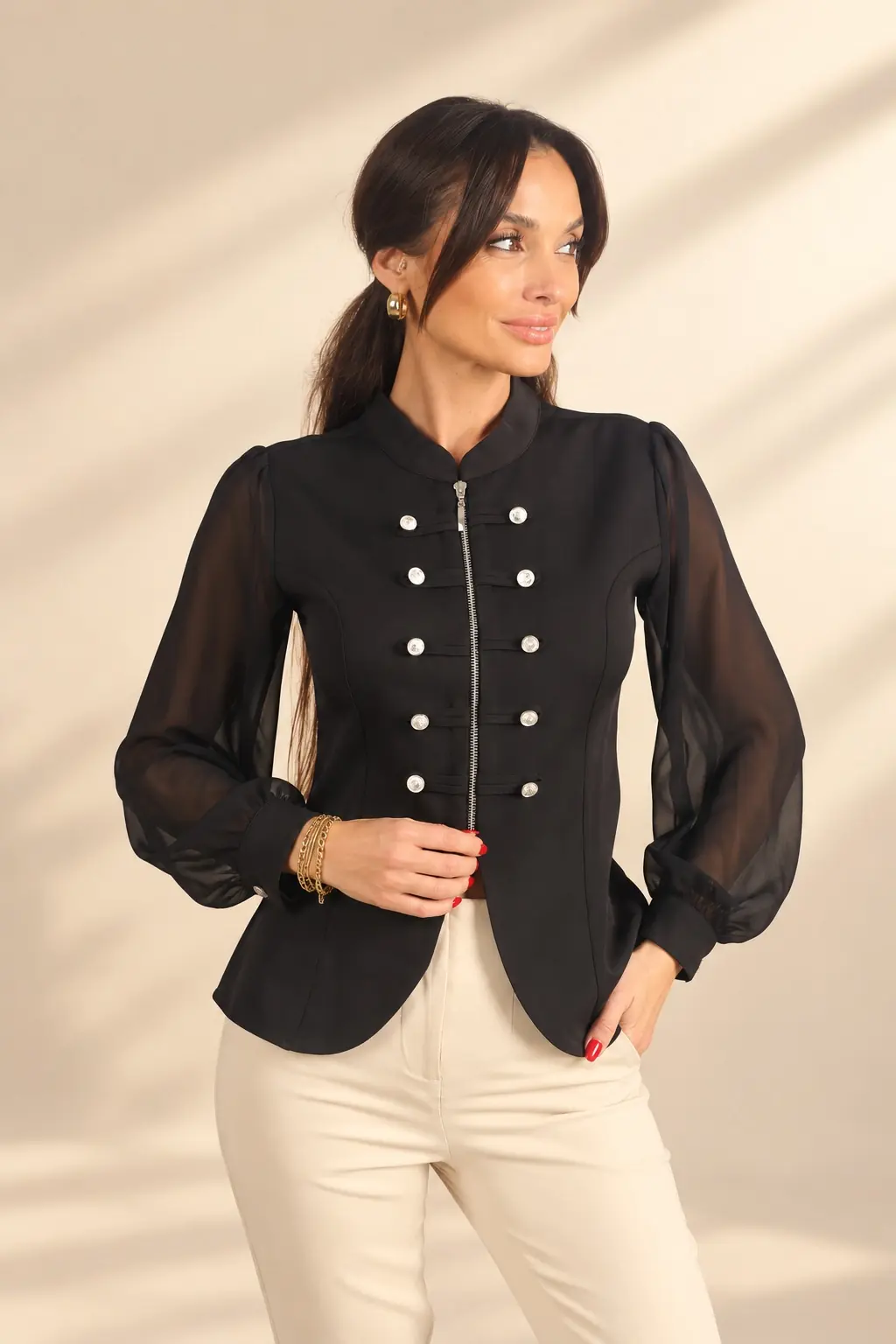 Kadın Hakim Yaka Uzun Şifon Kollu Önü Fermuarlı Napolyon Ceket 2