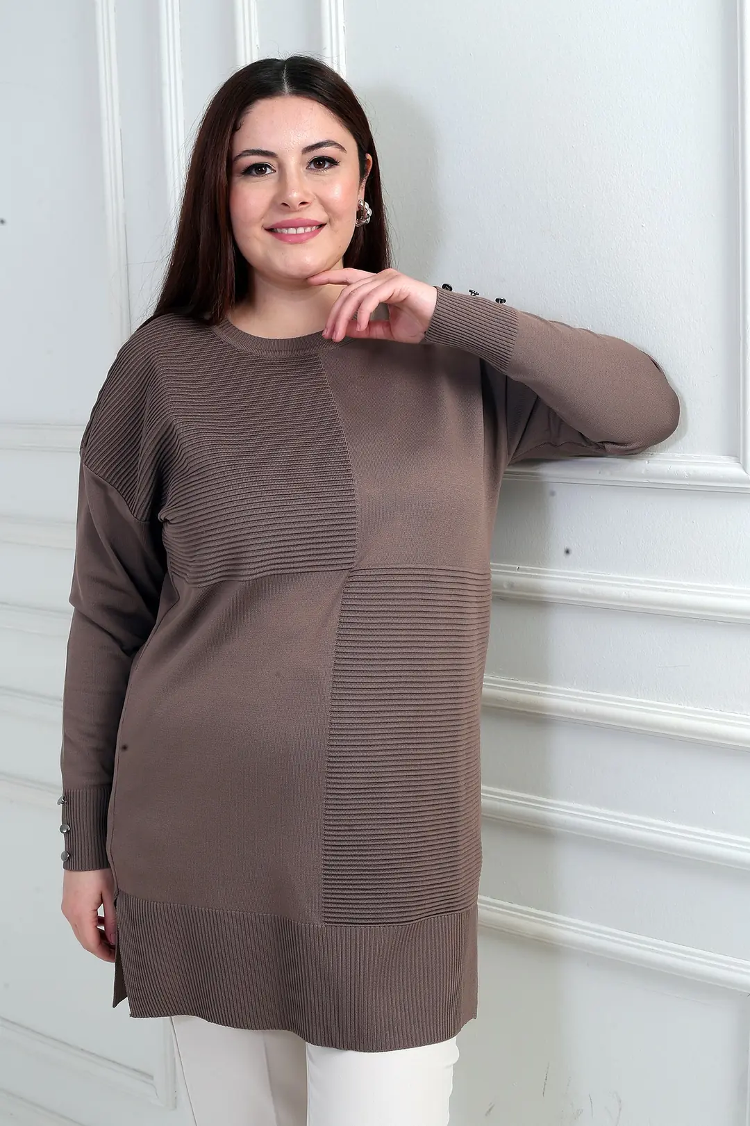 Kadın Kolları Düğme Detaylı Büyük Beden Tunik Bluz - K.VİZON