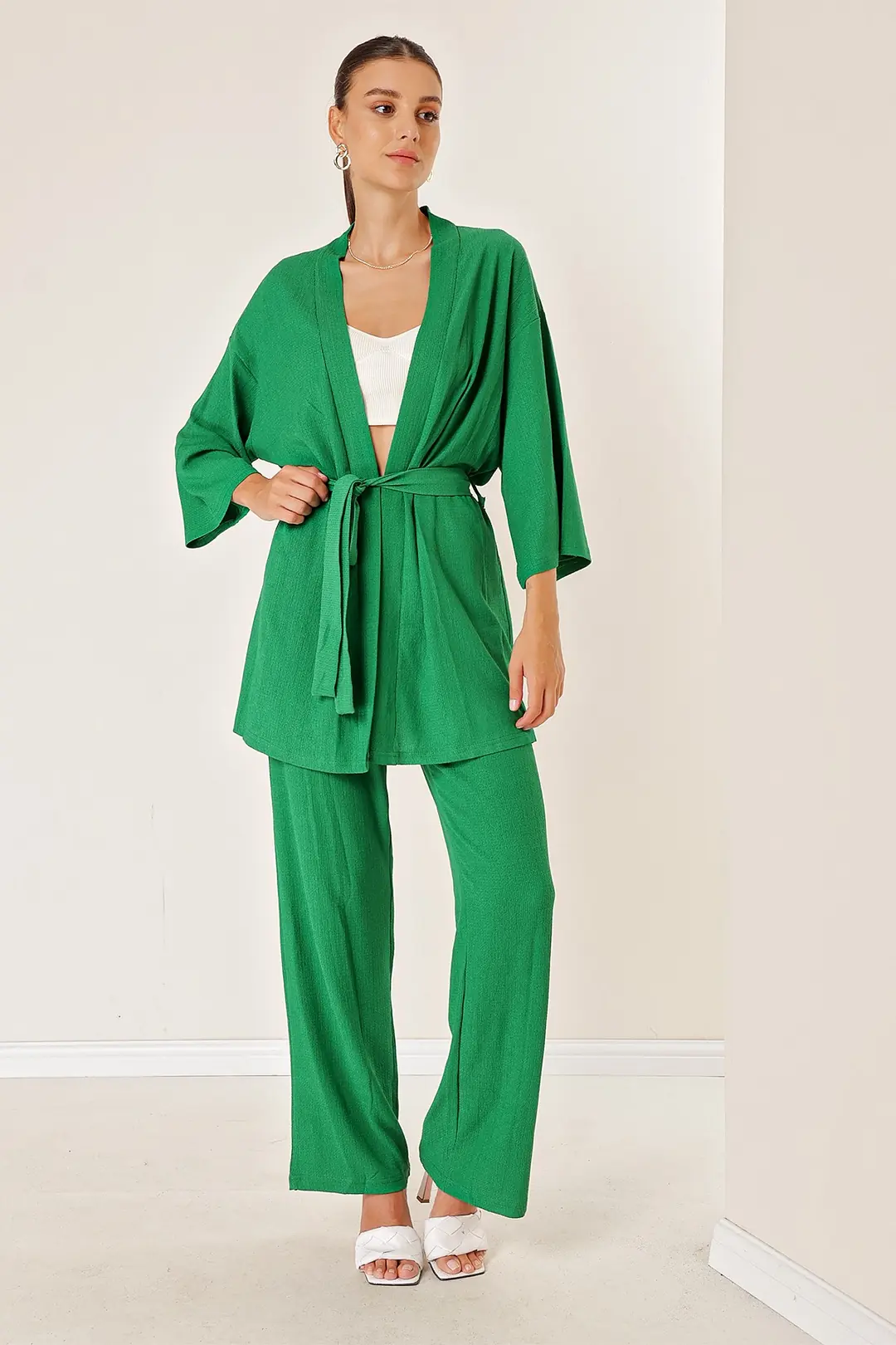Bürümcük Pantolonu Cepli Kimono Takım - Yeşil