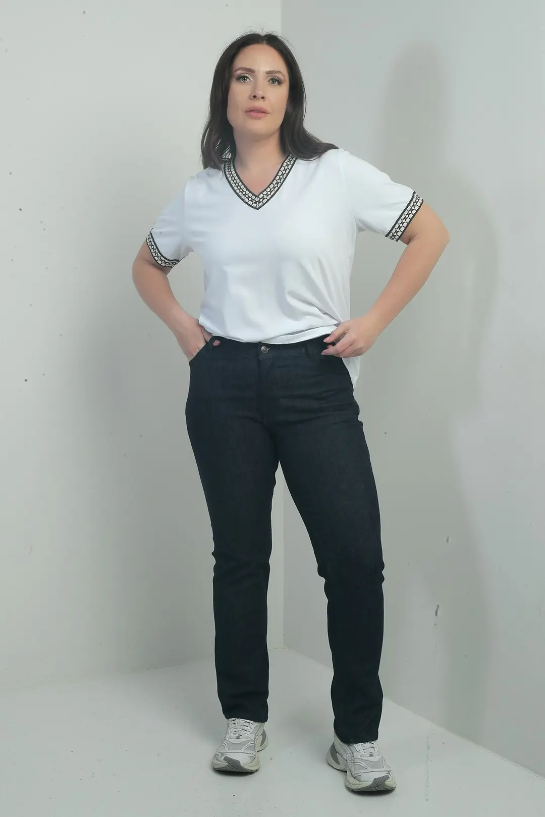 Kadın Yüksek Bel Boru Paça Likralı Büyük Beden Kot Pantolon - Koyu-Laci
