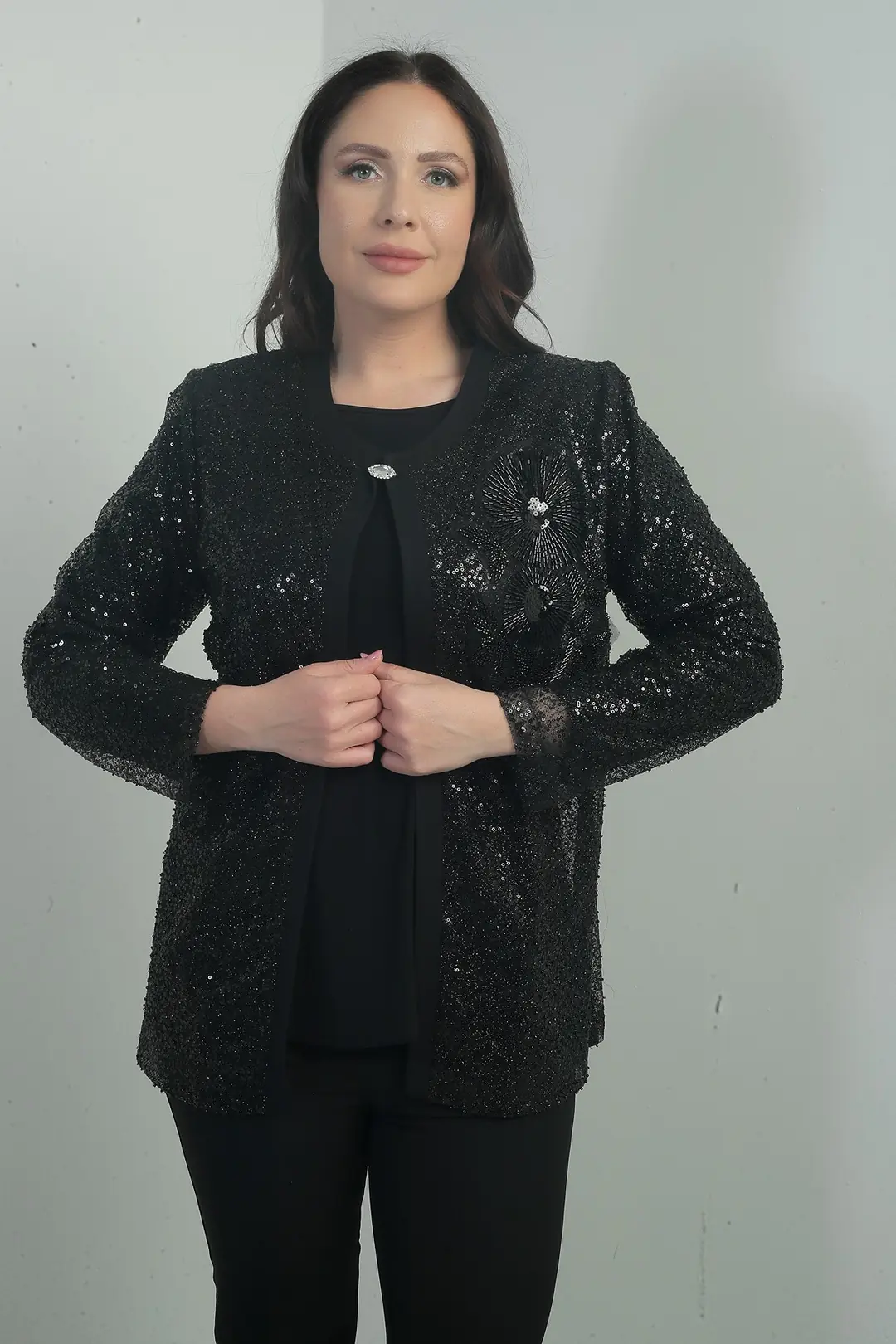 Kadın Ceketi Boncuk İşleme Pul Payet Uzun Kol B.B. İkili Takım 2