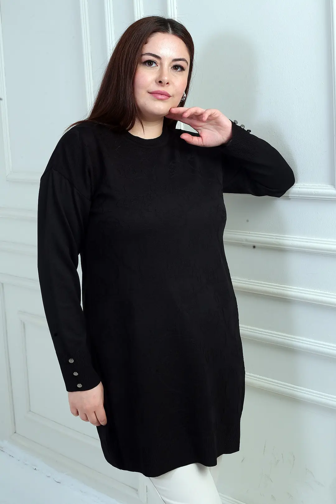 Kadın Kolları Düğme Detaylı Gül Desenli Büyük Beden Tunik Bluz - Siyah