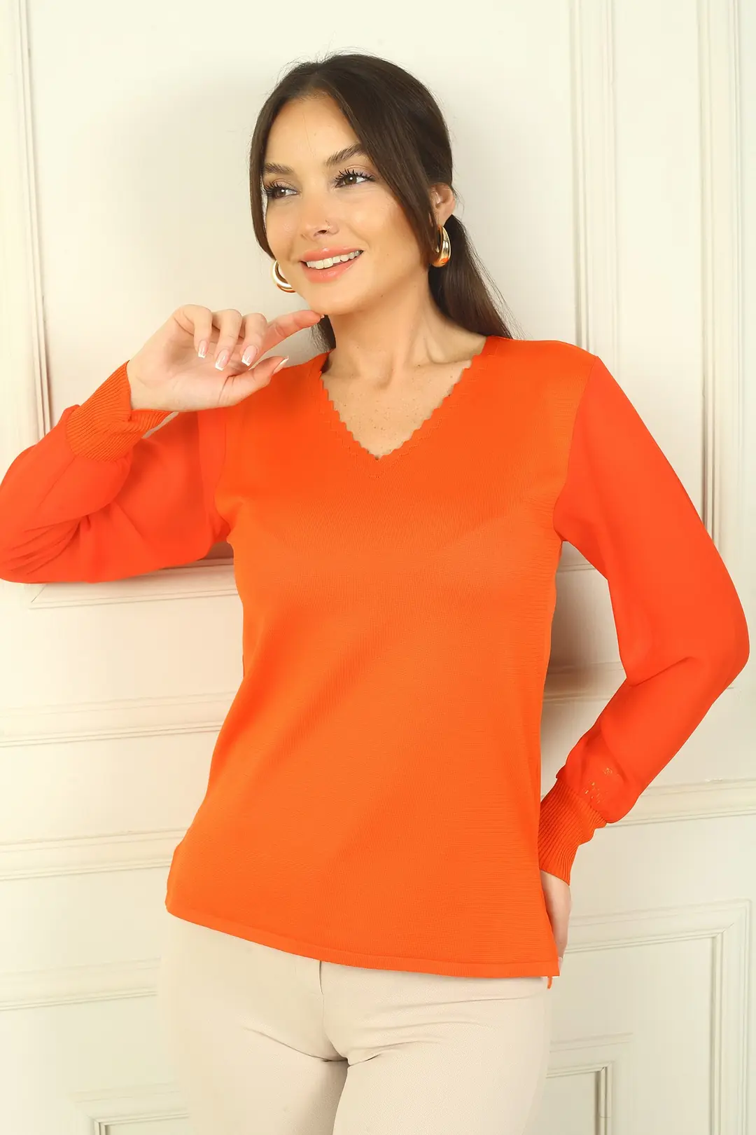 Kadın Merdiven V Yaka Kolları Şifon Kazak 2