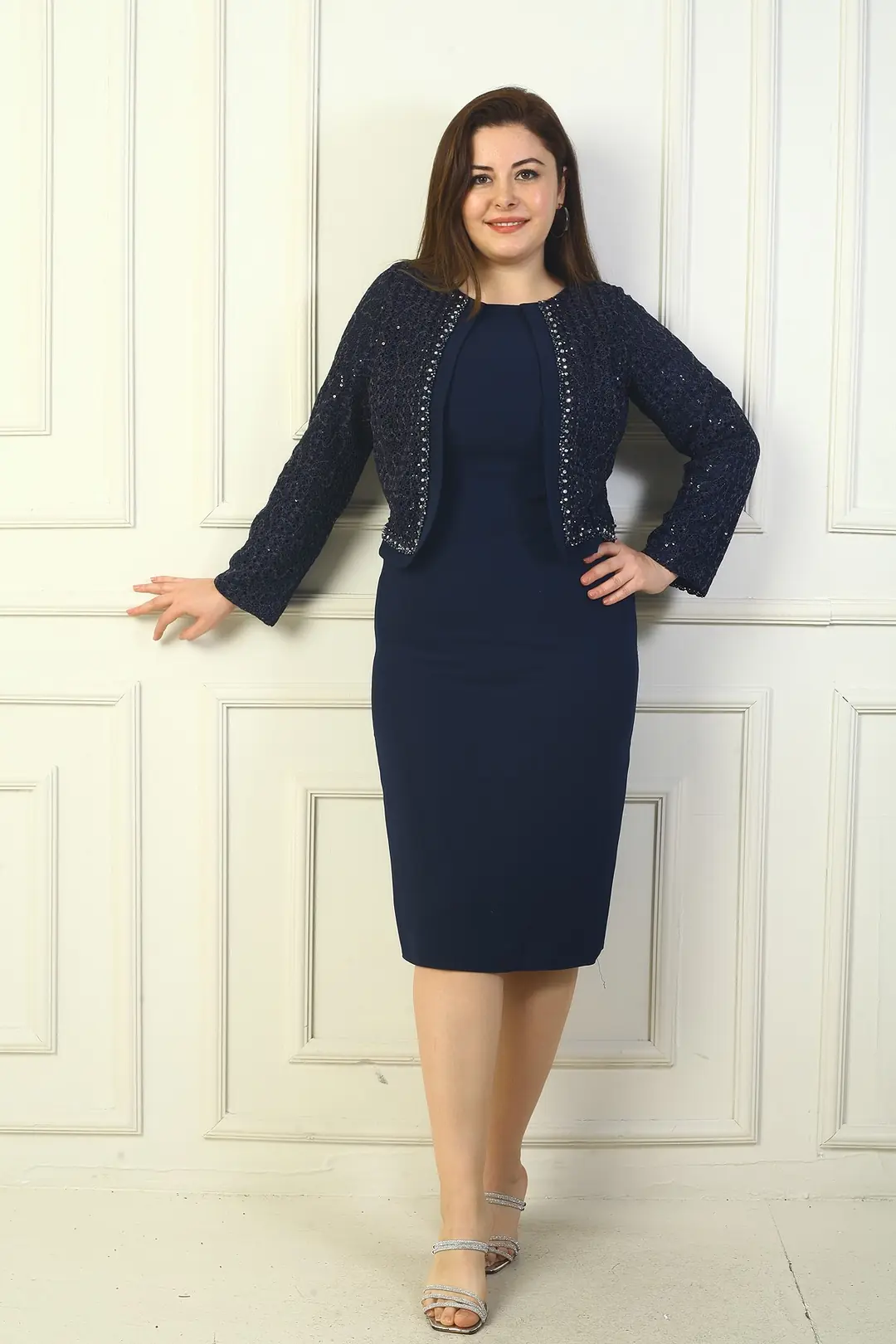 Kadın Üstü Dantel Ceket Görünümlü Astarlı Krep Büyük Beden Elbise - Lacivert