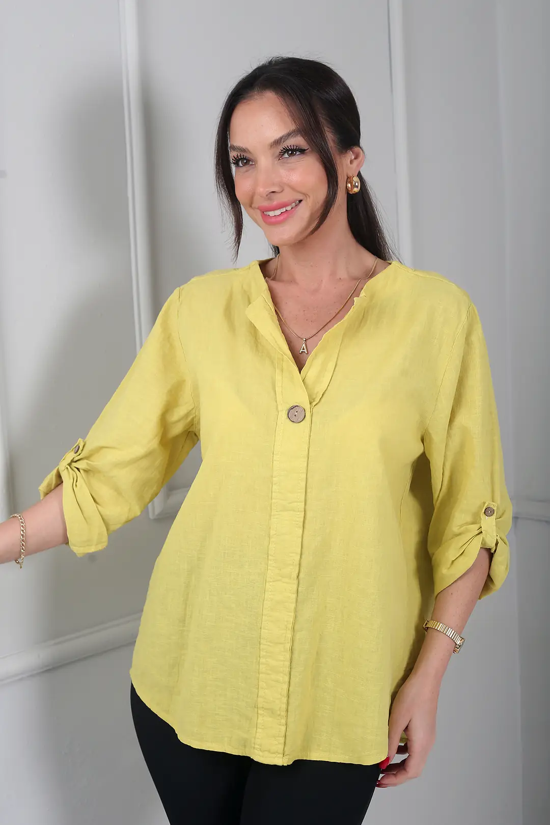 Kadın Düğme Detaylı İtalyan Cotton Oversize Bluz - Sarı