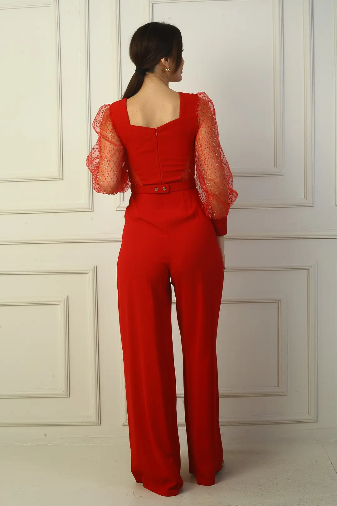 Kadın Kalp Yaka Beli Kemerli Kolları Tül Kare Sim Detaylı Palazzo Tulum 4