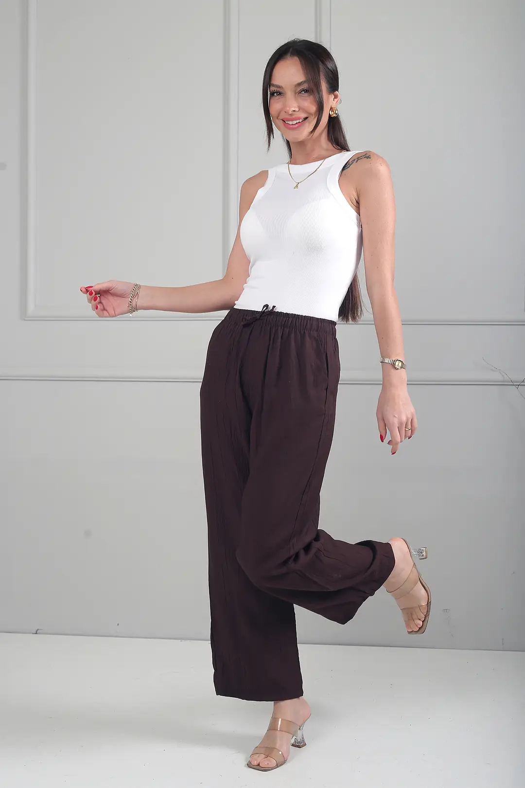 Kadın Beli Lastikli Cepli Çilek Bol Paça Pantolon 1