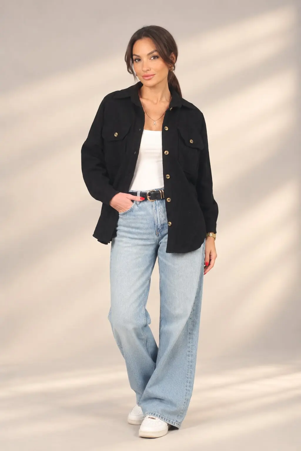 Kadın Kapaklı Çift Cepli Önü Düğmeli Kaşe Oversize Gömlek 2