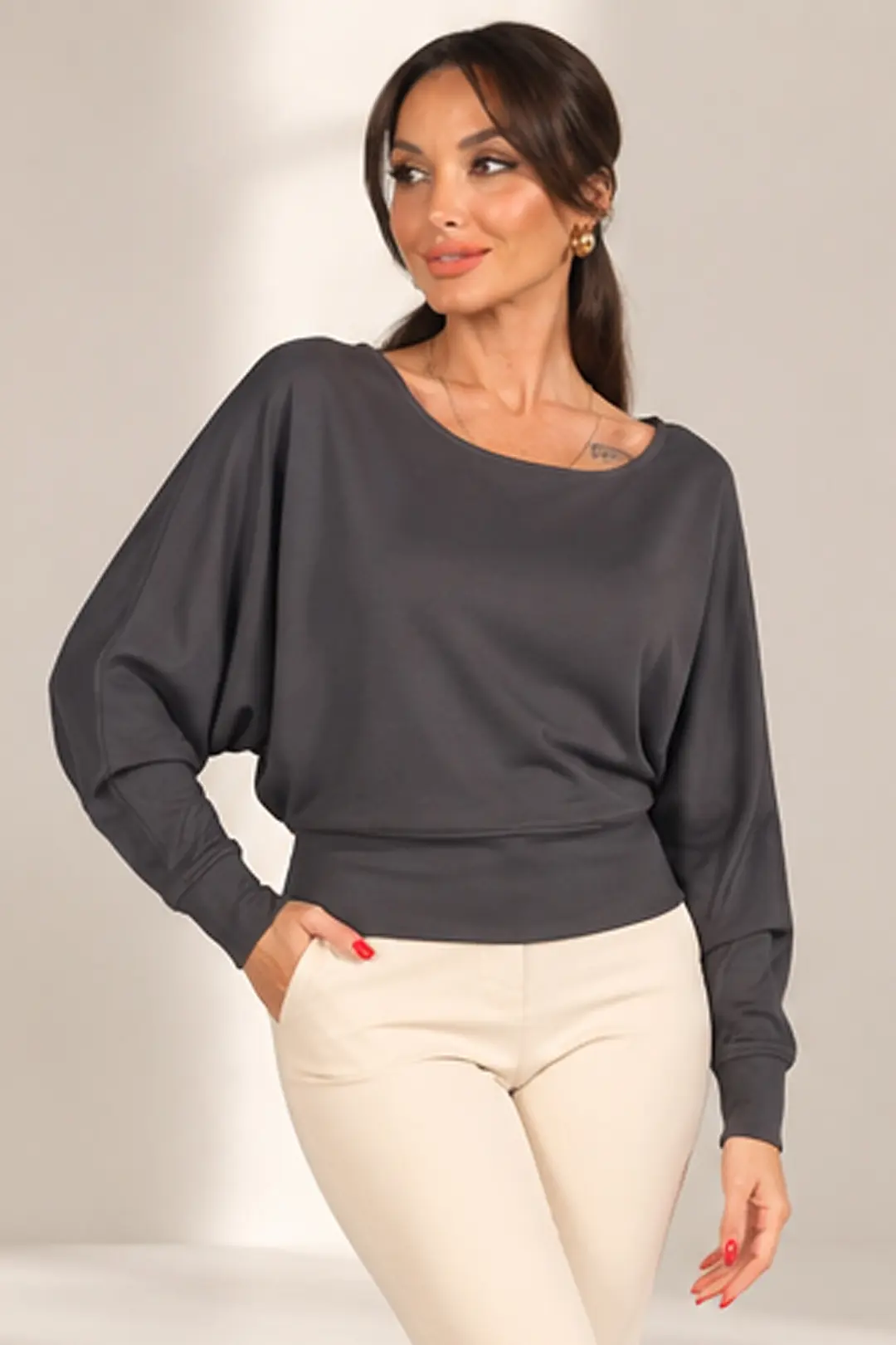 Kadın Kayık Yaka Uzun Yarasa Kollu Modal Sweat 3