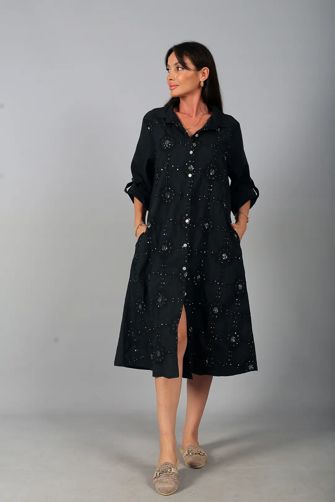Kadın İtalyan Cotton Cepli Kabartma Nakışlı Pullu Oversize Uzun Elbise 2