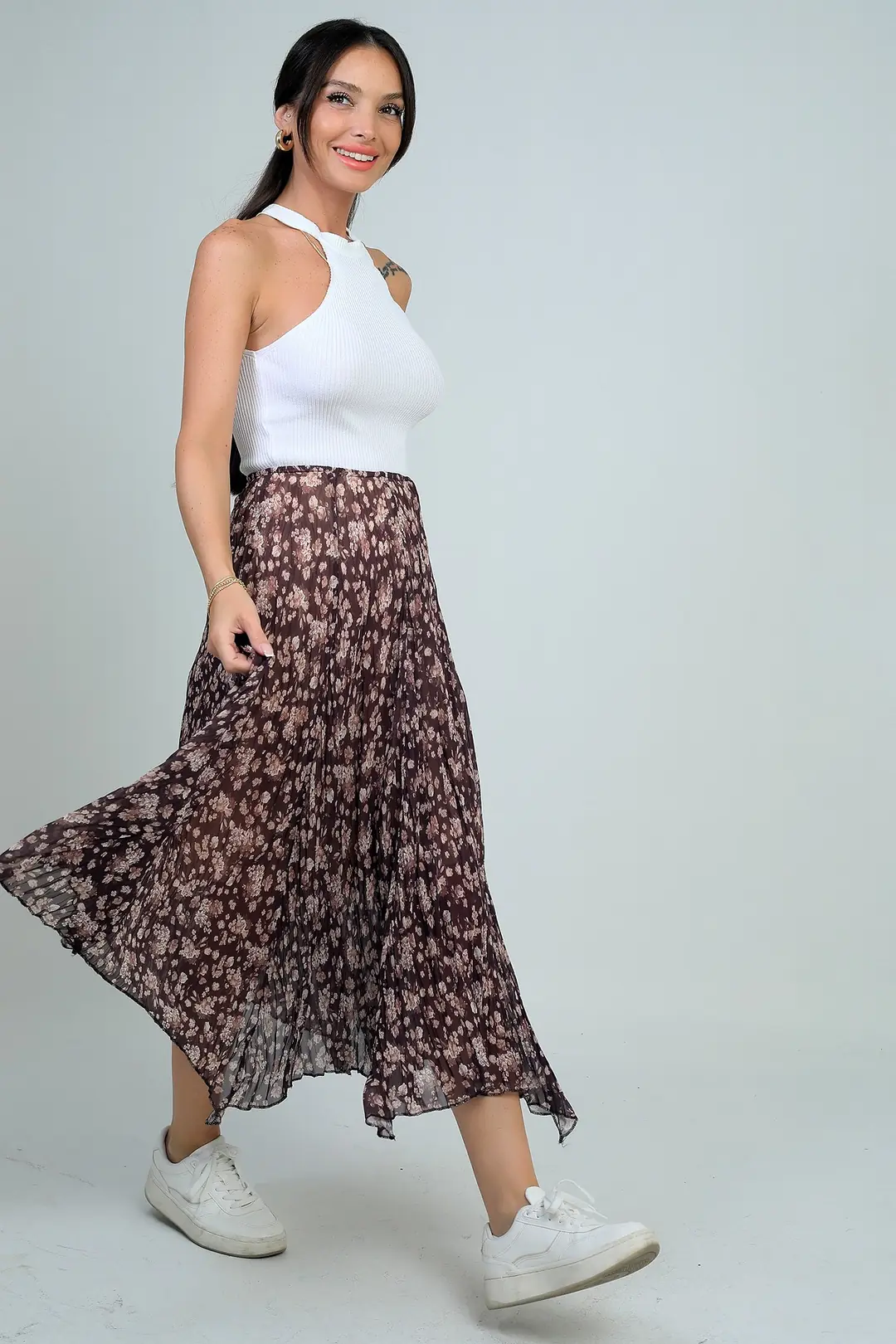 Kadın Beli Lastikli Astarlı Mini Çiçekli Midi Kraşlı Üçgen  Etek 2