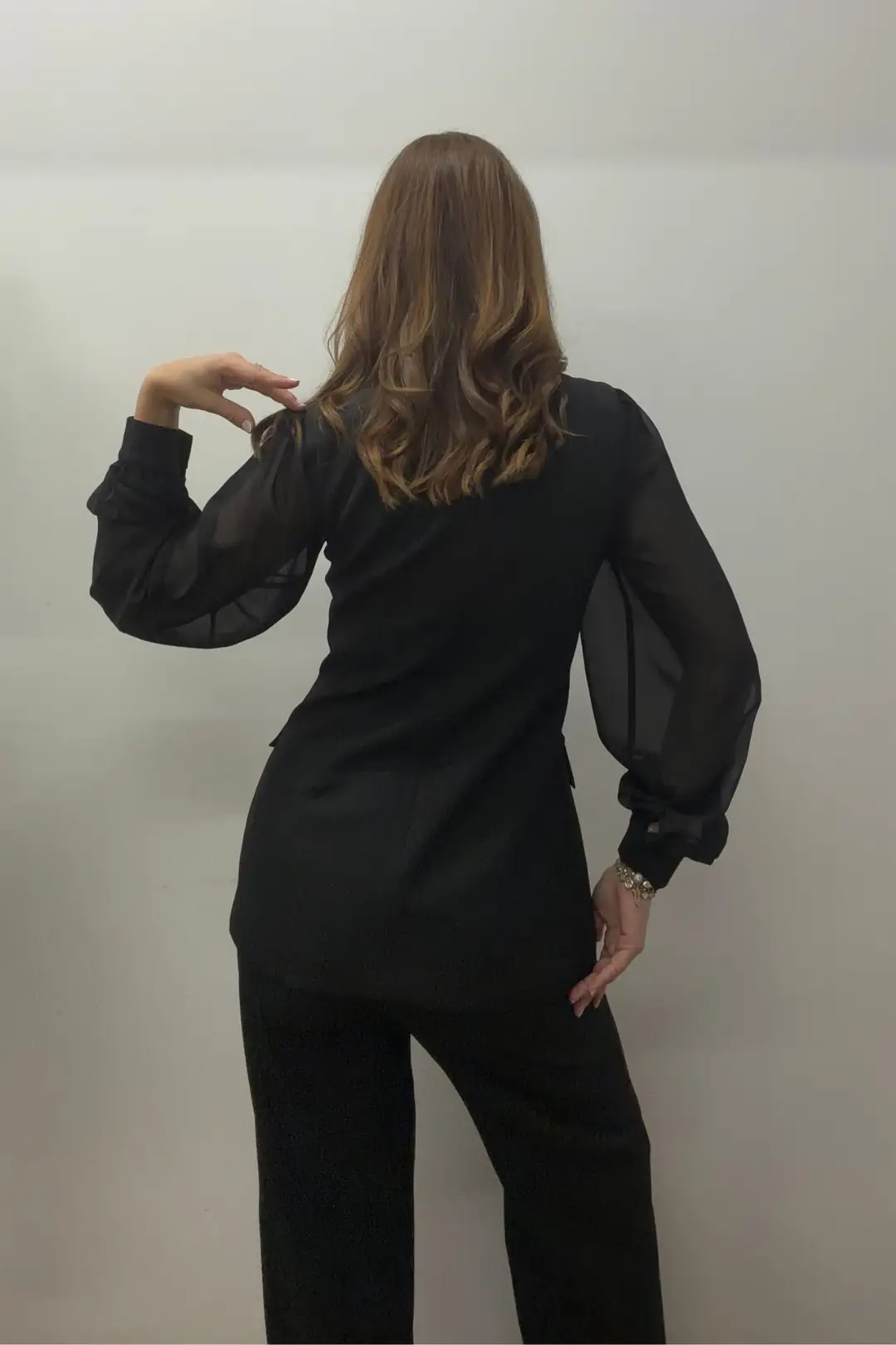 Kadın Gold Kanca Düğmeli Astarlı Şifon Kol Ceket Beli Lastikli Cepli Bol Paça Pantolon 2'li Takım 4