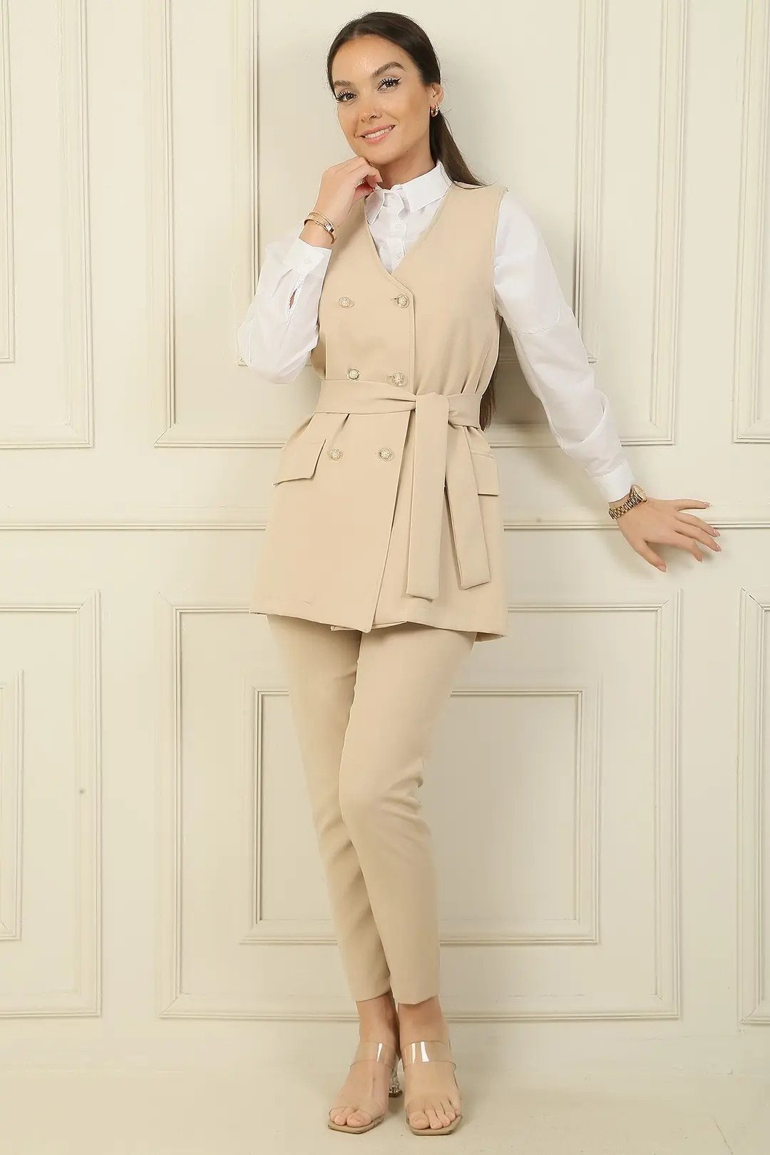 6 Düğmeli Sahte Cepli Kuşaklı Yelek Beli Lastikli Dar Paça Pantolon 2'li Takım 2
