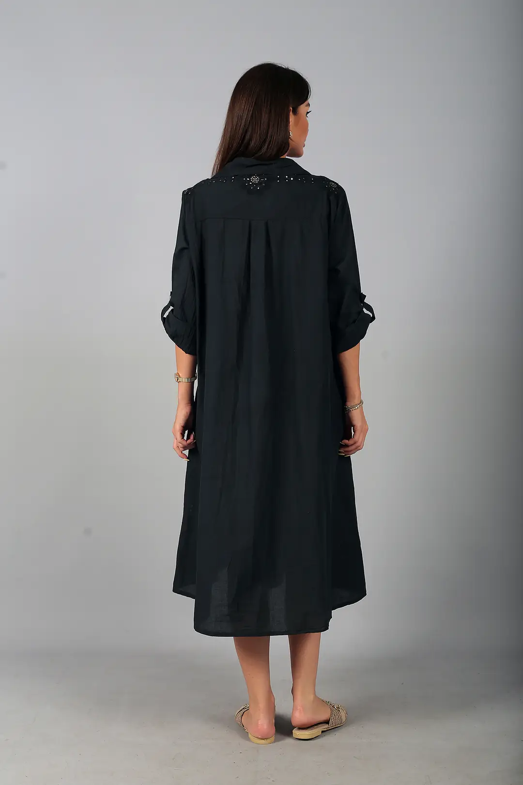 Kadın İtalyan Cotton Cepli Kabartma Nakışlı Pullu Oversize Uzun Elbise 4