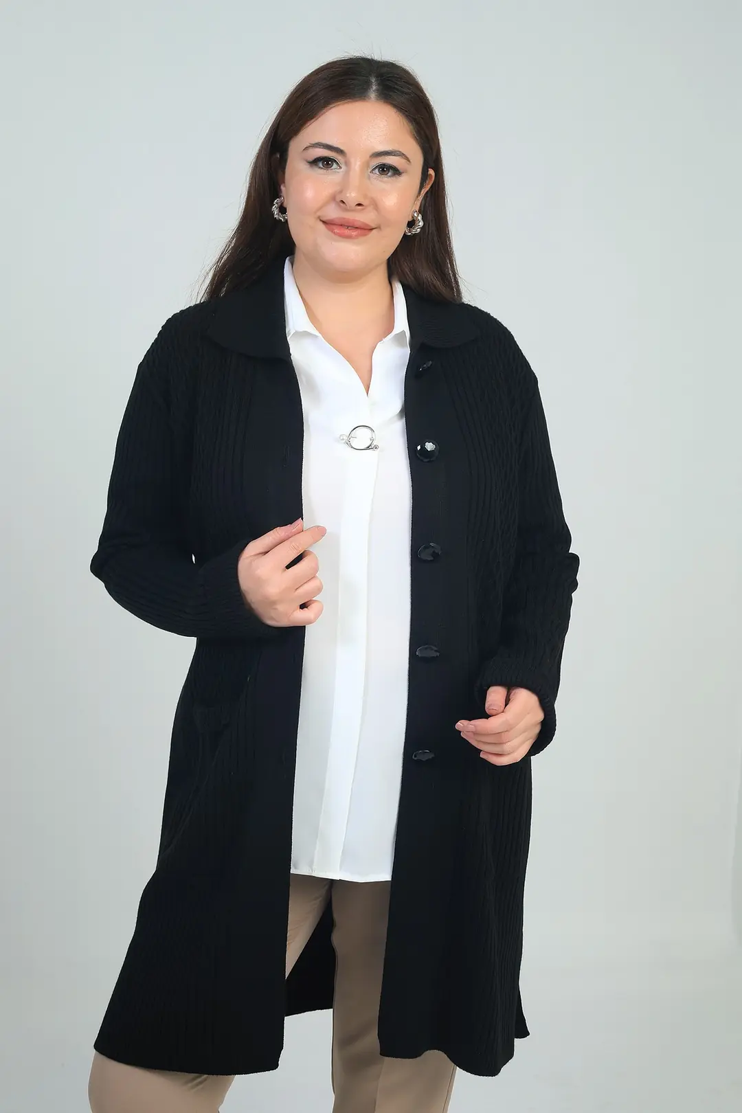 Kadın Önü Desenli Cepli Fitilli Büyük Beden Likralı Triko Hırka 2
