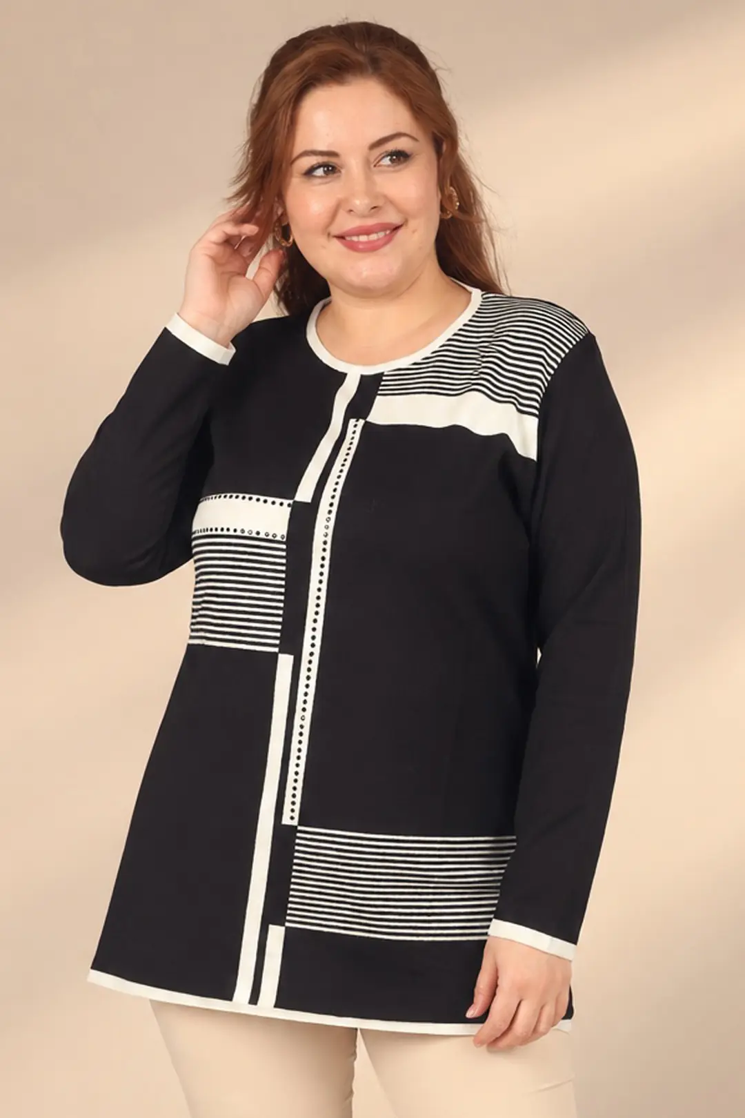 Kadın Boncuk Detaylı Çizgili Blok Desenli Büyük Beden Viskon Triko Tunik Bluz 2