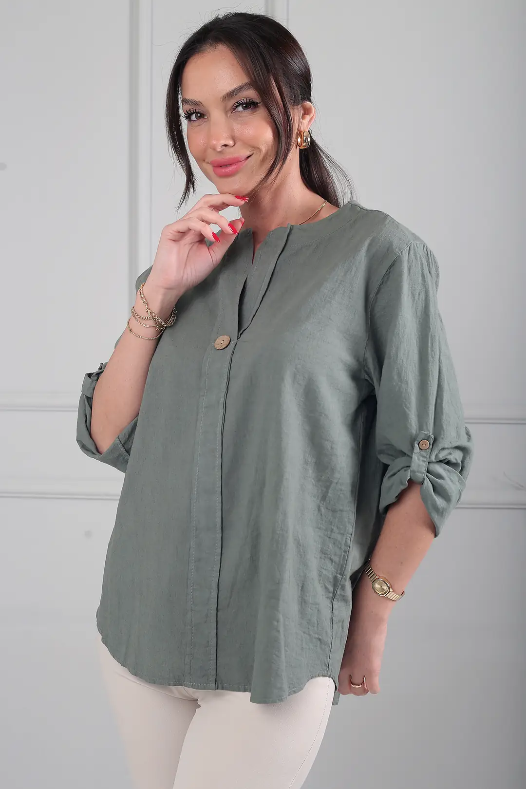 Kadın Düğme Detaylı İtalyan Cotton Oversize Bluz 3