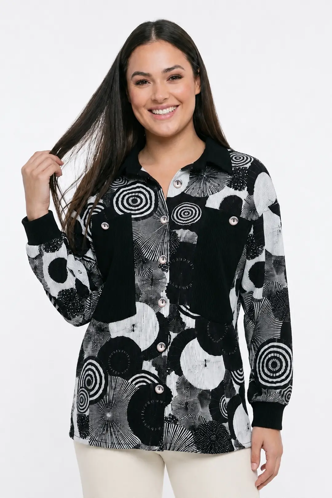 Kadın Soyut Dairesel Desenli Büyük Cepli Büyük Beden Cotton Gömlek 3