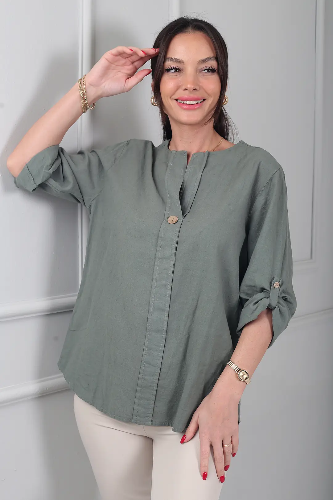 Kadın Düğme Detaylı İtalyan Cotton Oversize Bluz 2