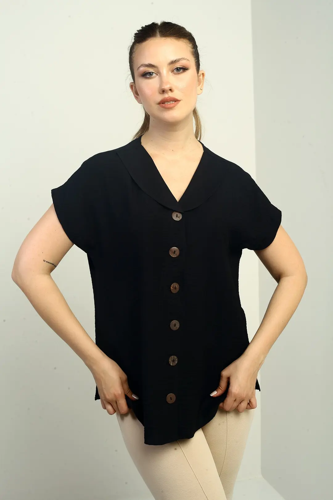 Kadın Şal Yaka Oversize Gömlek - Siyah