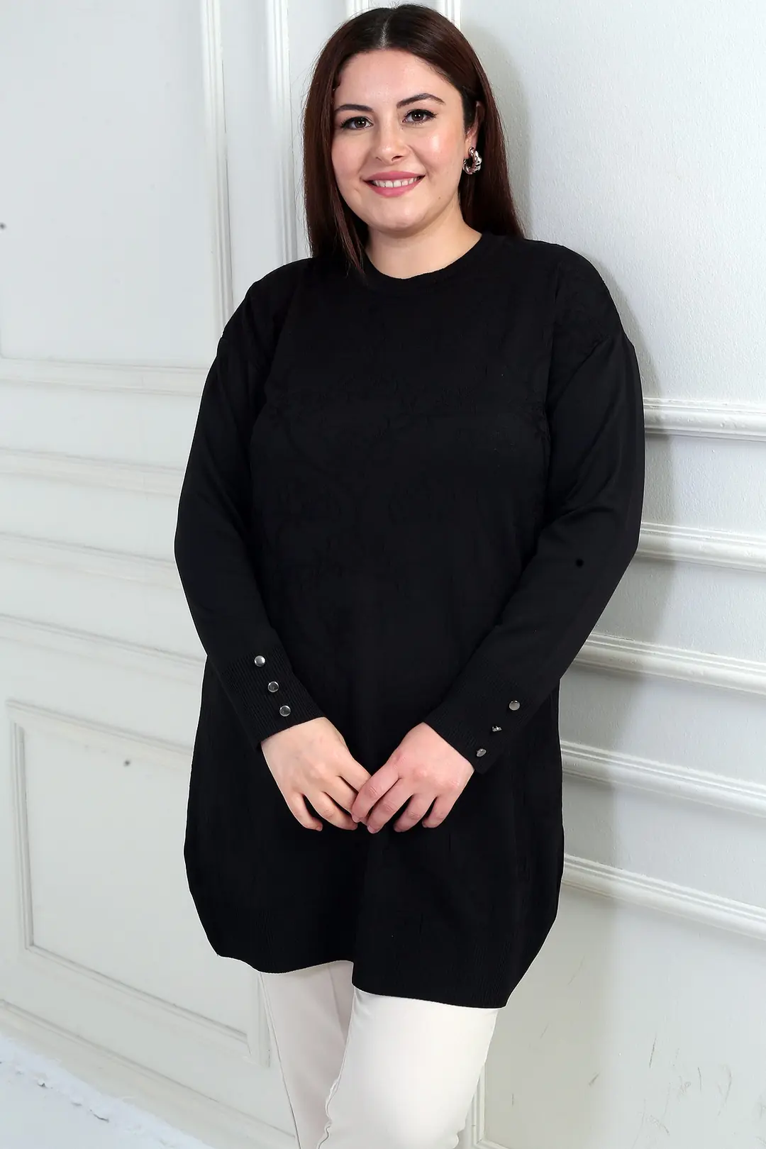Kadın Kolları Düğme Detaylı Gül Desenli Büyük Beden Tunik Bluz 3