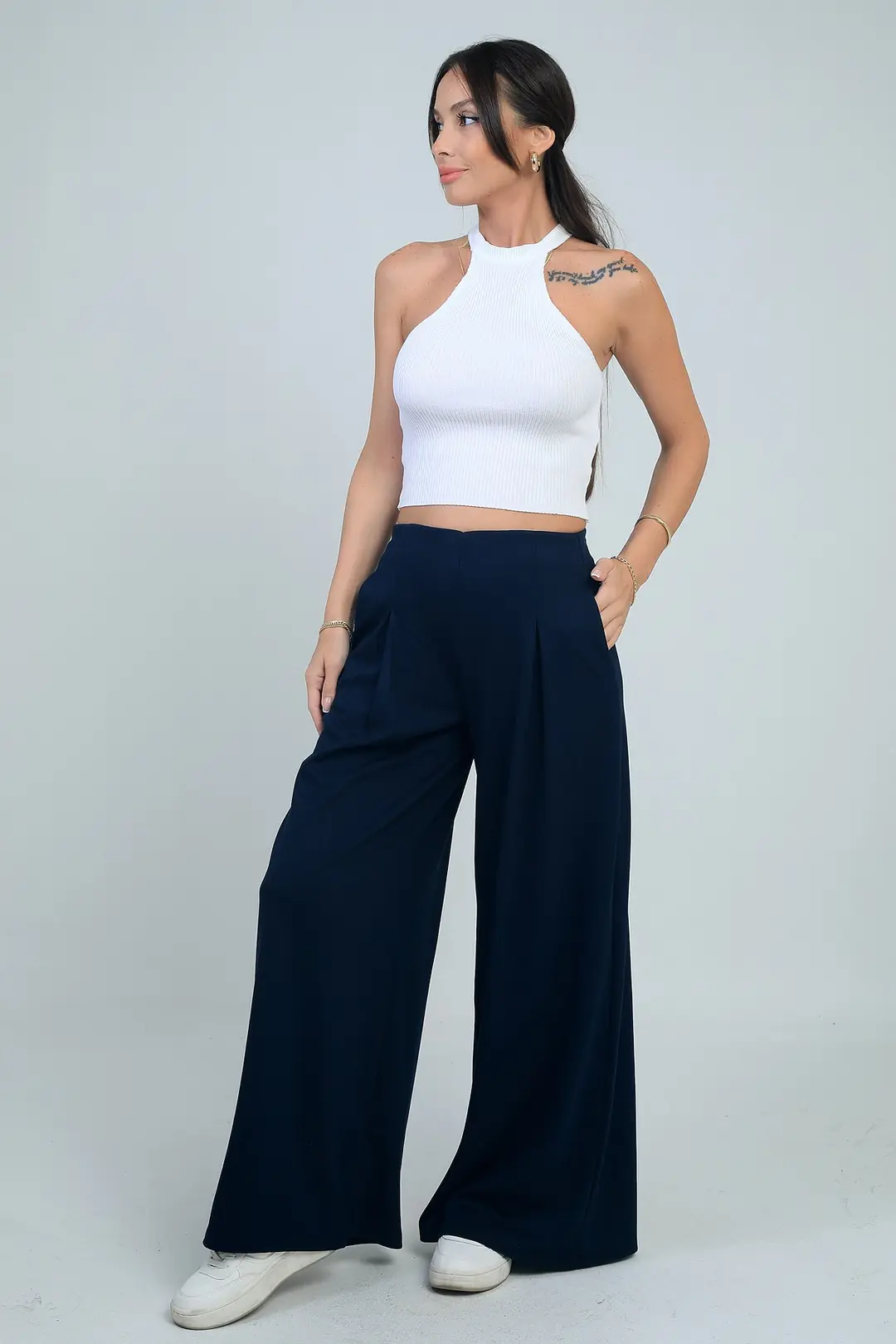 Kadın Beli Lastikli Cepli Önü Pileli Bol Paça Osyho Pantolon 3
