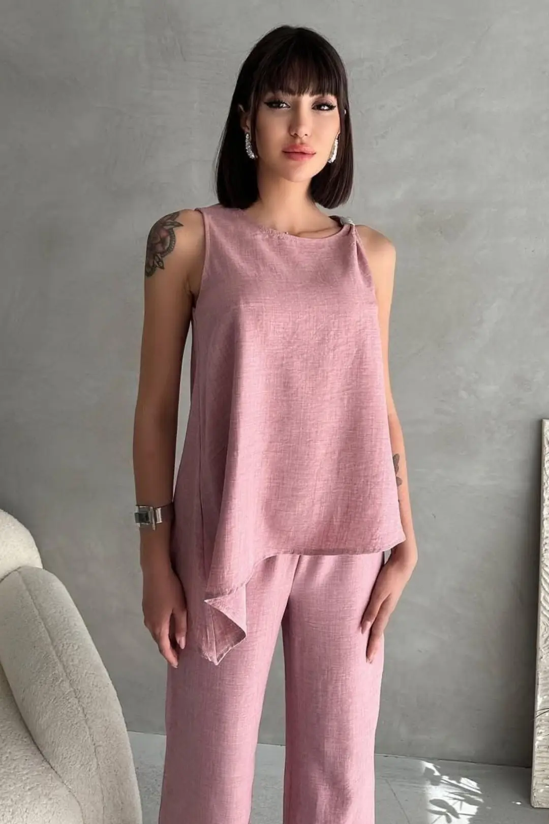 Kadın  Toka Detaylı Eteği Asimetrik Bluz Beli Lastikli Cepli Palazzo Pantolon Keten 2'li Takım 2