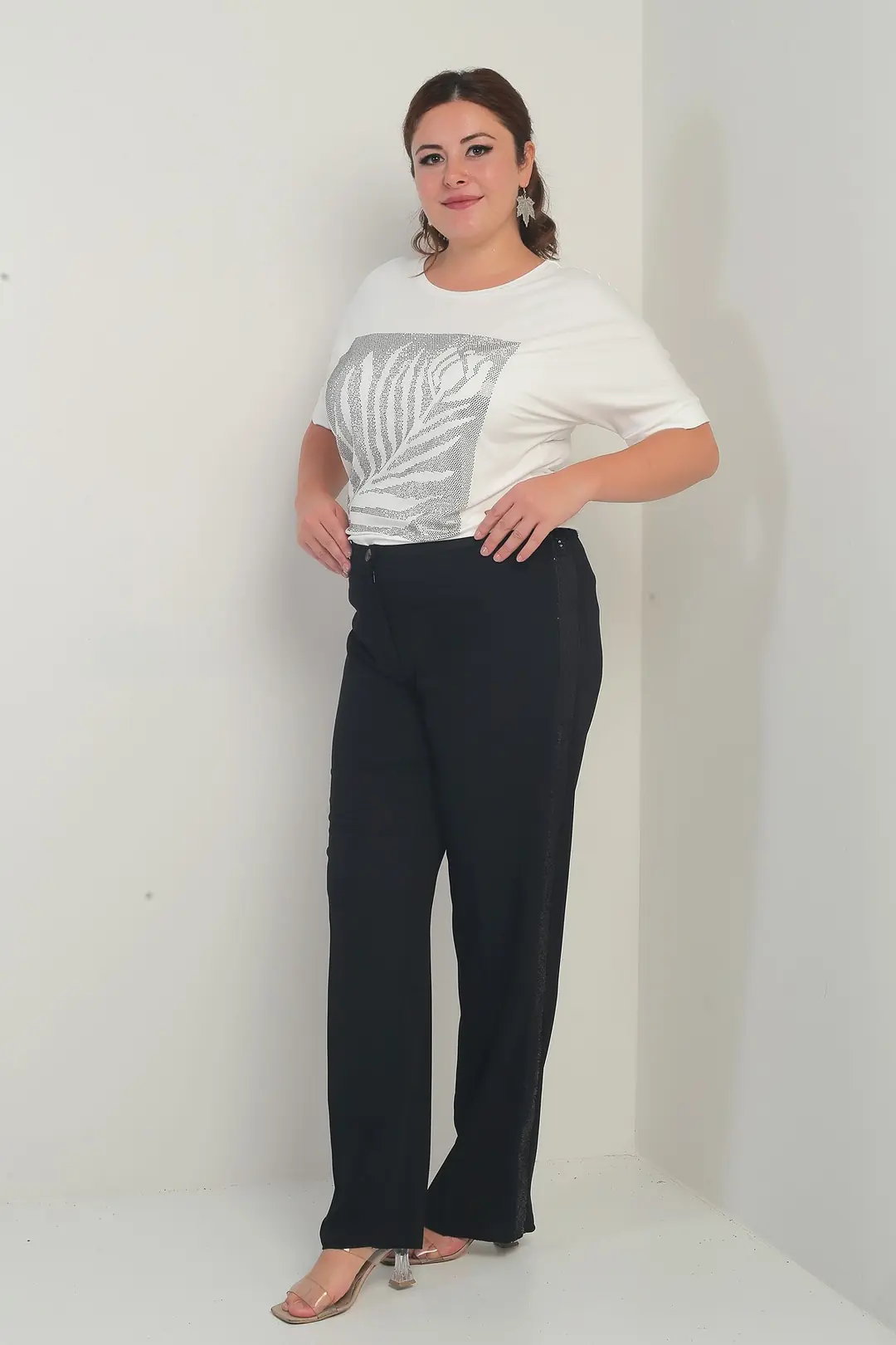 Kadın Beli Lastikli Yanları Pul Payet Şeritli B.B. Pantolon - Siyah