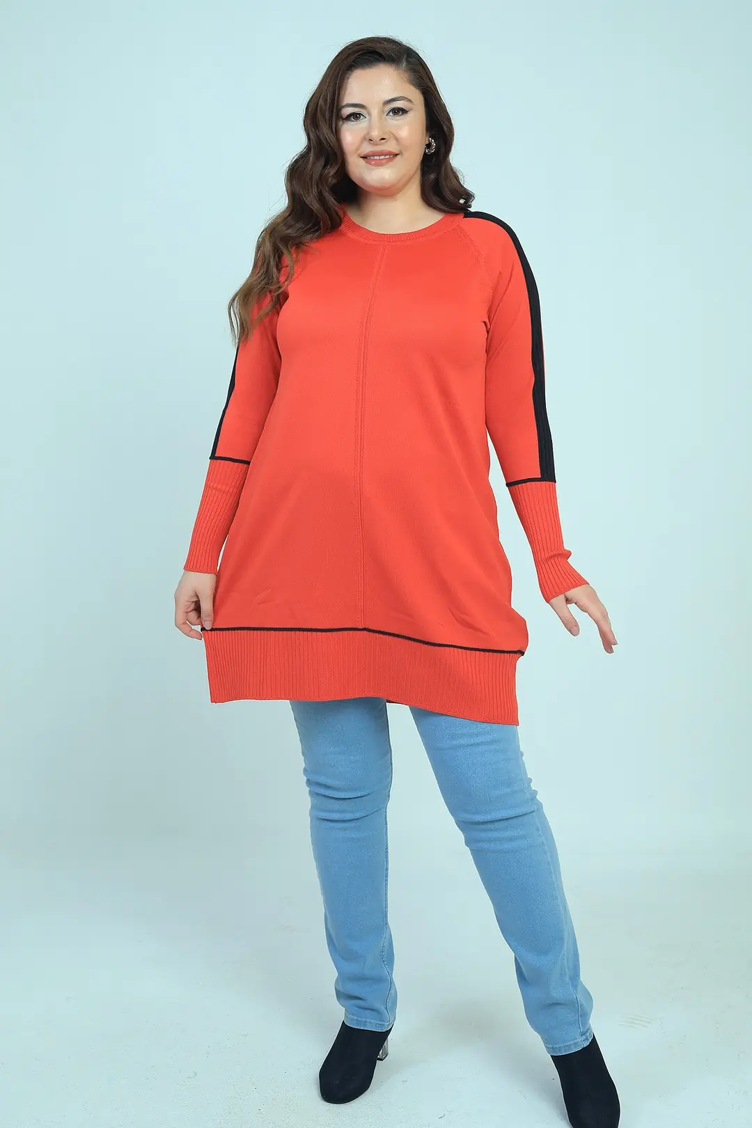Kadın Kolları Şeritli Büyük Beden Tunik Bluz 3