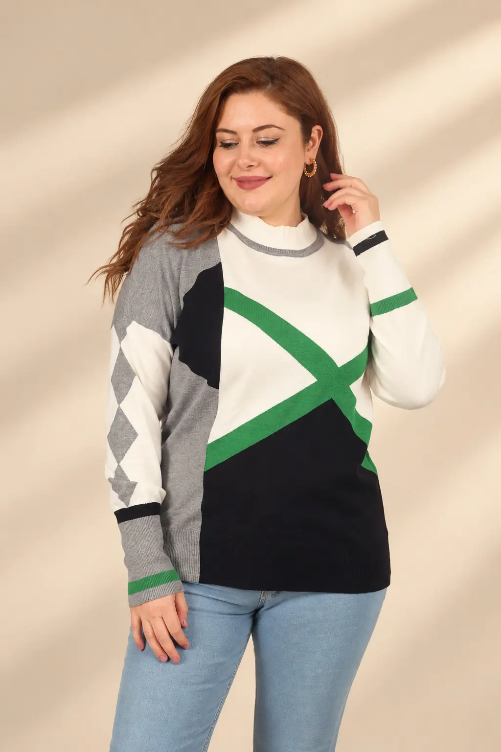 Kadın Geometrik Desen Renk Bloklu Büyük Beden Viskon Triko Bluz - Ekru