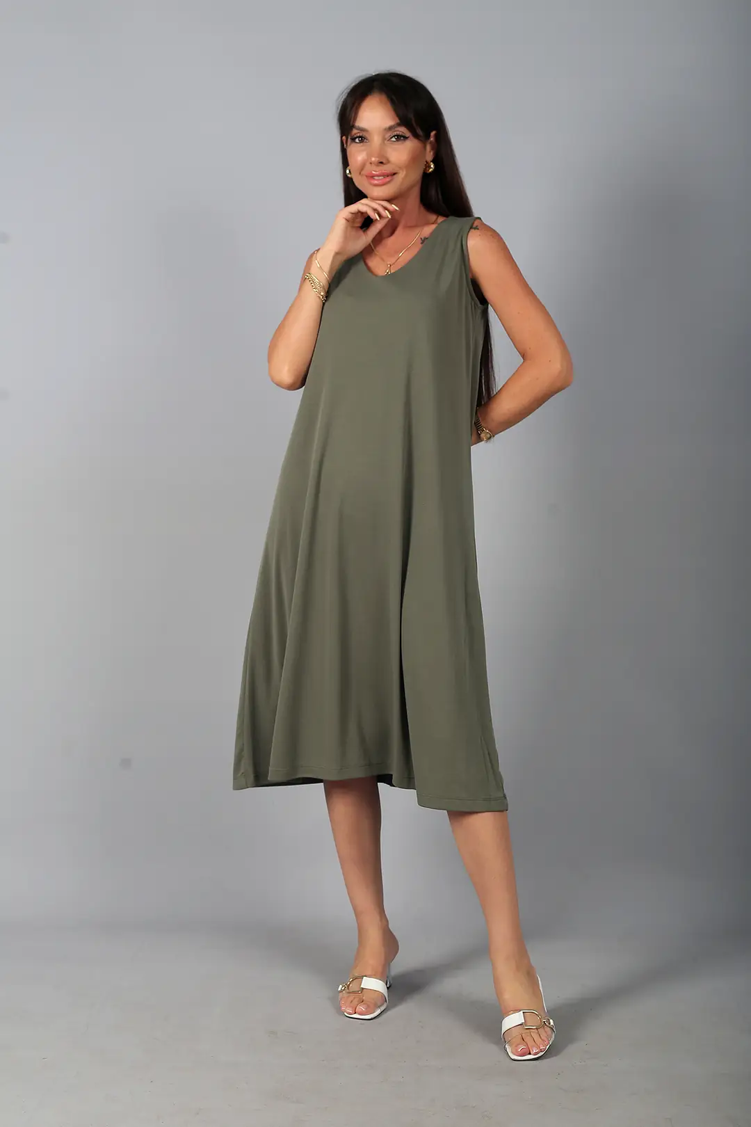 Kadın V Yaka Ön Pervazlı Pike Kumaş Kolsuz Oversize Midi Elbise - Haki