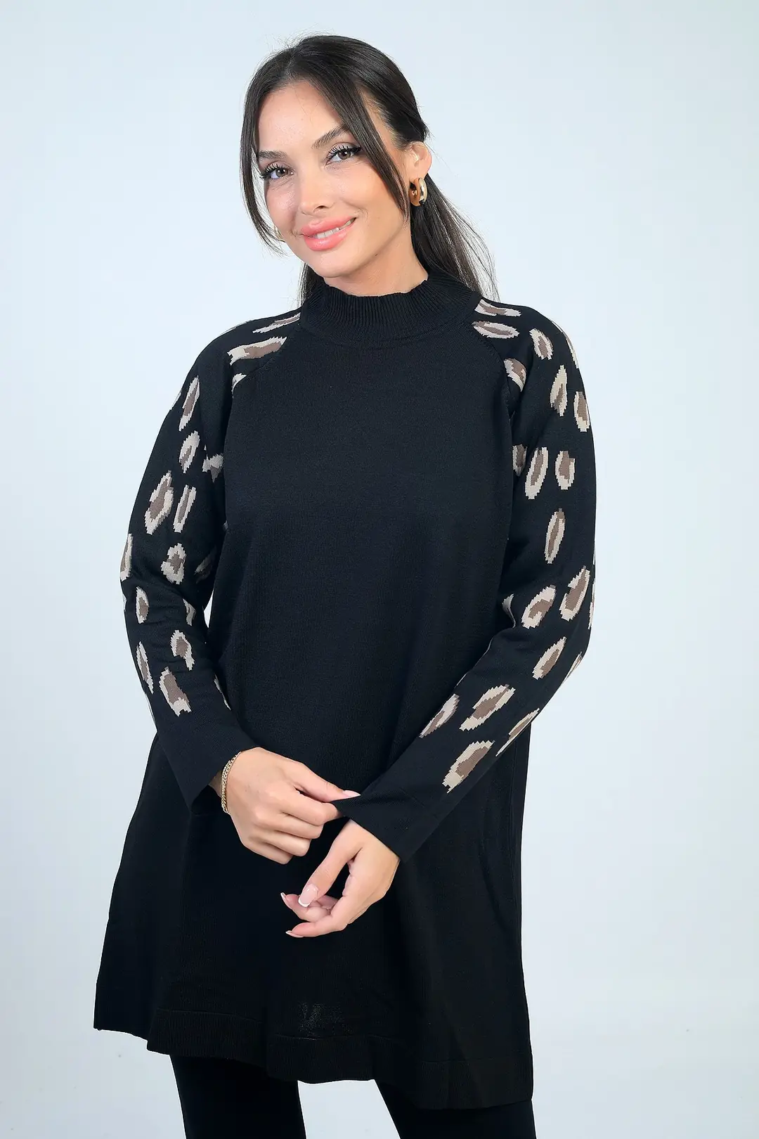 Kadın Kolları Desenli Balıkçı Yaka Tunik 3