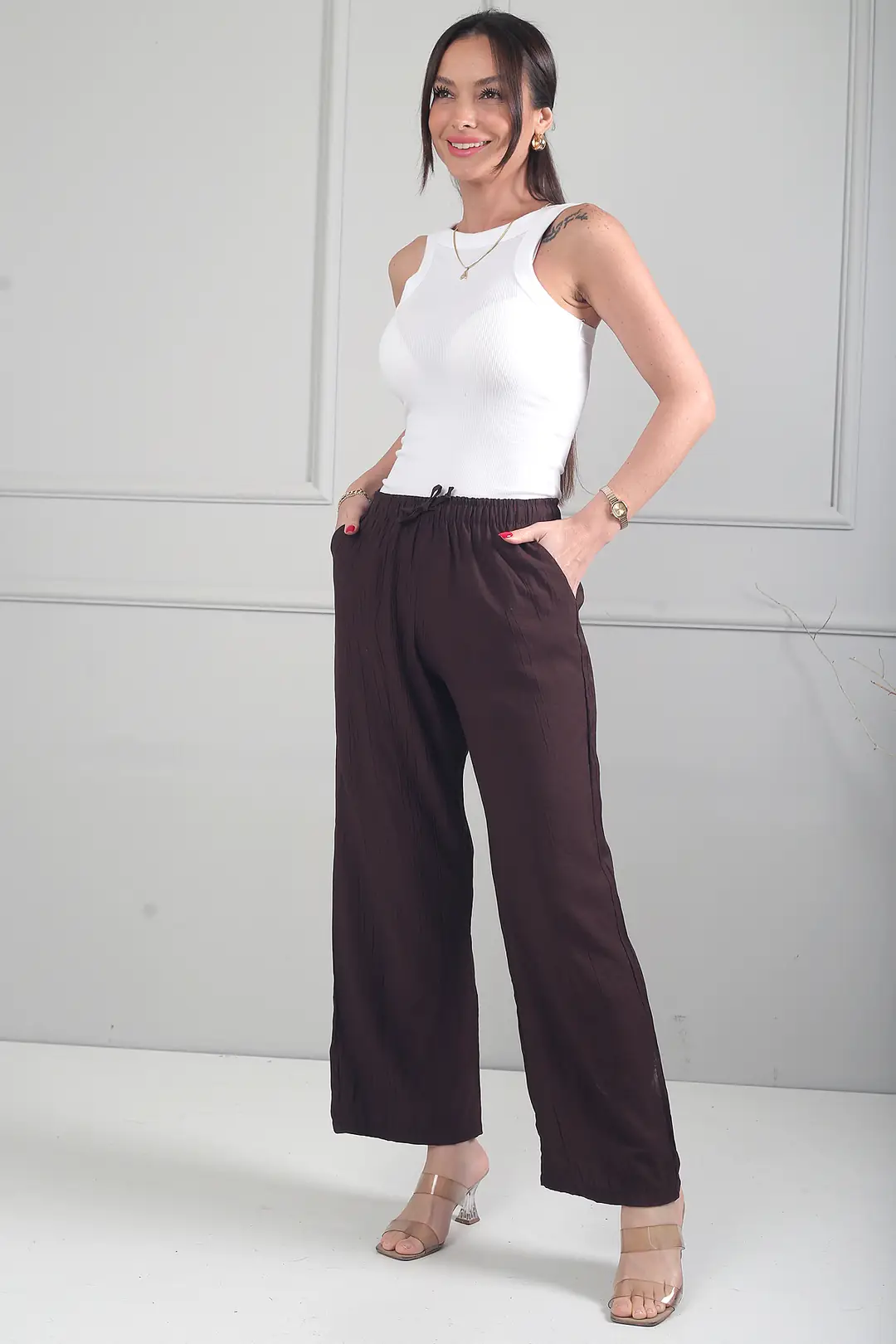 Kadın Beli Lastikli Cepli Çilek Bol Paça Pantolon 3