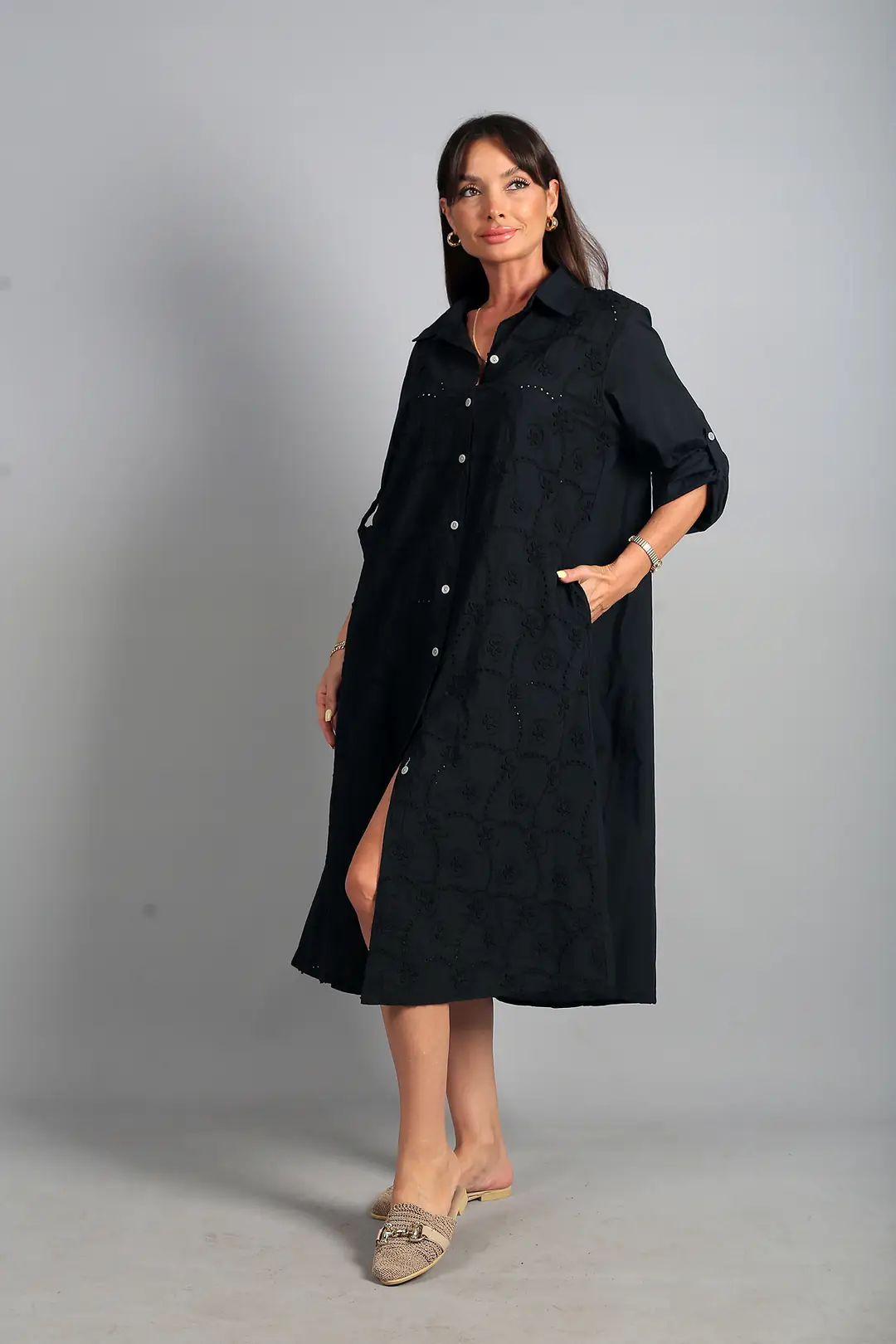 Kadın İtalyan Cotton Cepli Kabartma Çiçek Nakış İşlemeli Oversize Uzun Elbise 3